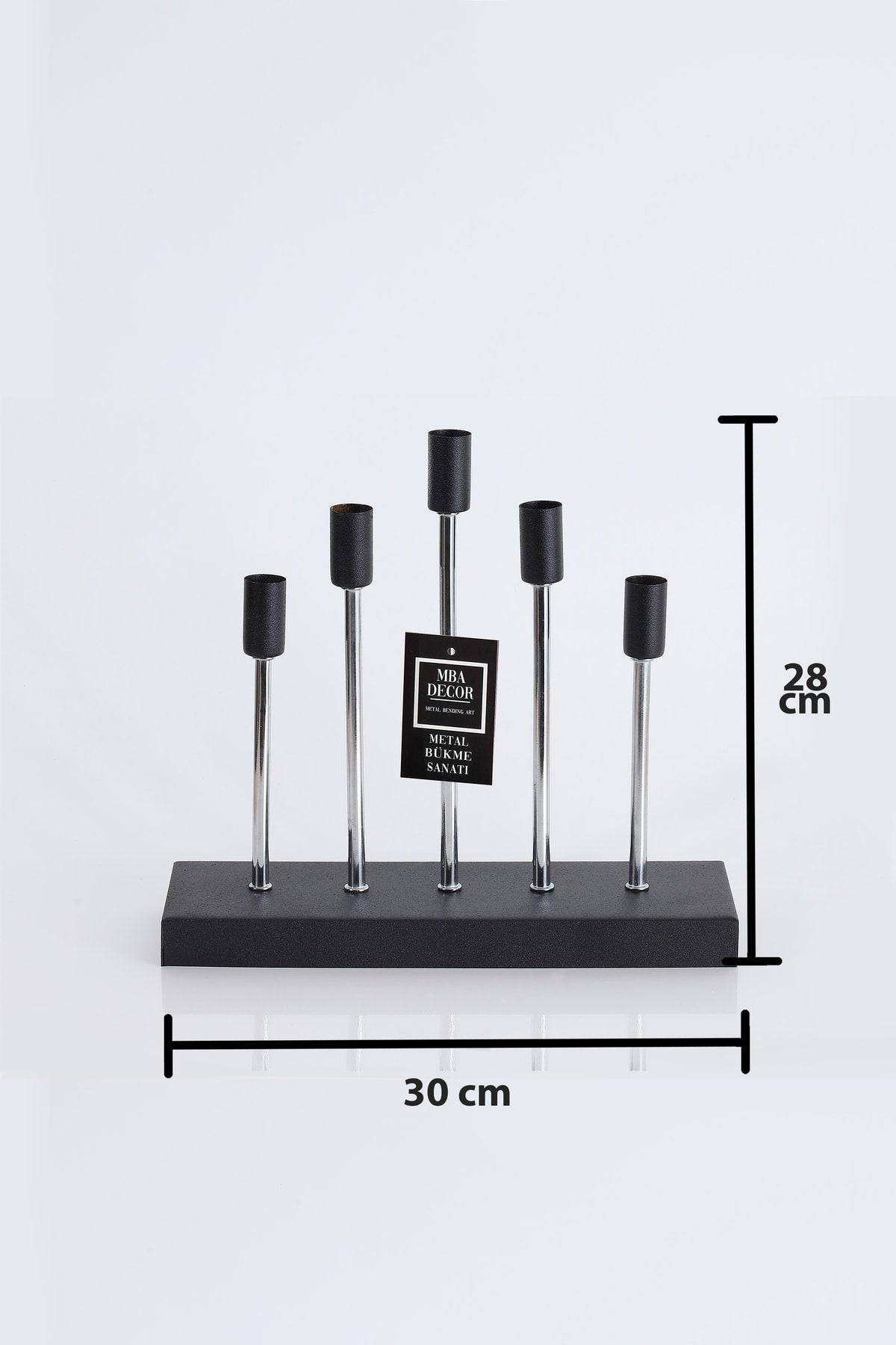 5'li ( Beşli ) Gümüş Siyah Dekoratif Mumluk Şamdan Dekorasyon Metal Paslanmaz 30-29 Cm Piramit