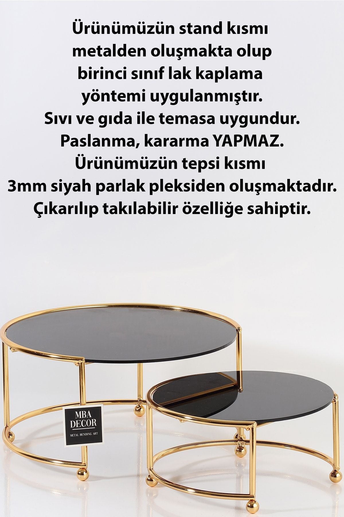 Yuvarlak Ikili Gold Siyah Kahve Yanı Sunumluk Hediyelik Dekorasyon Ikramlık Organizer Mdf Ahşap 26