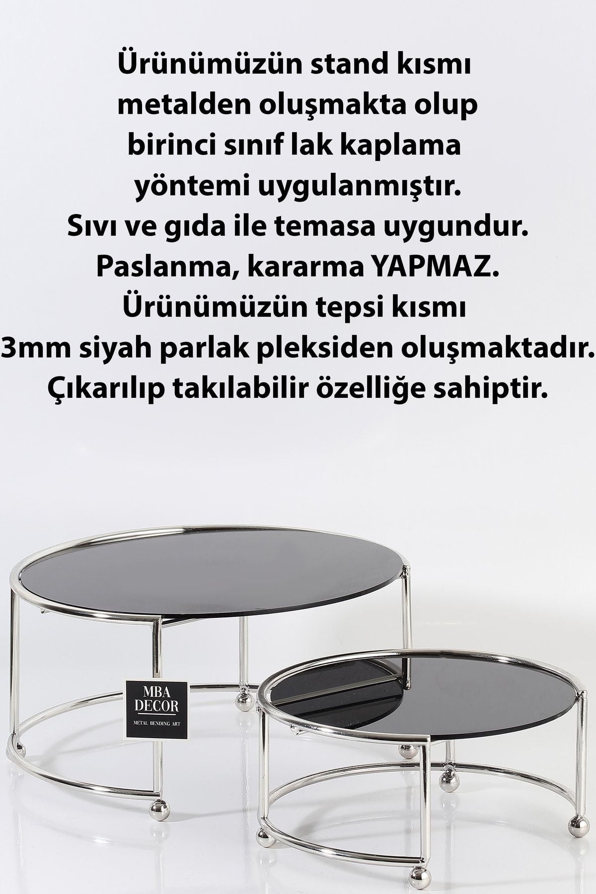 Yuvarlak Ikili Gümüş Siyah Kahve Yanı Sunumluk Hediyelik Dekorasyon Ikramlık Organizer Mdf Ahşap 26