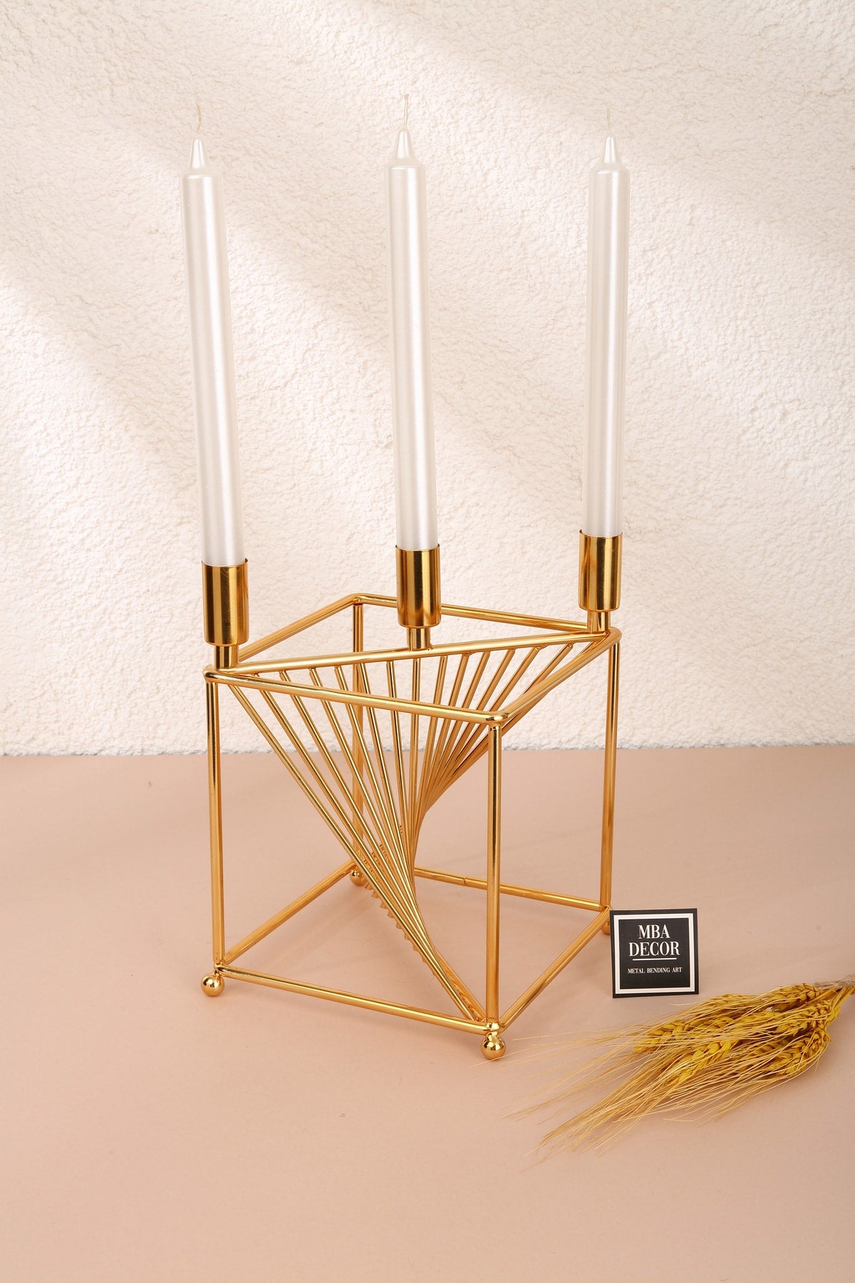 Florya Model Metal Gold 3 lü Şamdan Üçlü Mumluk Dekoratif Mumluk 20cm Paslanmaz Ev Dekorasyon