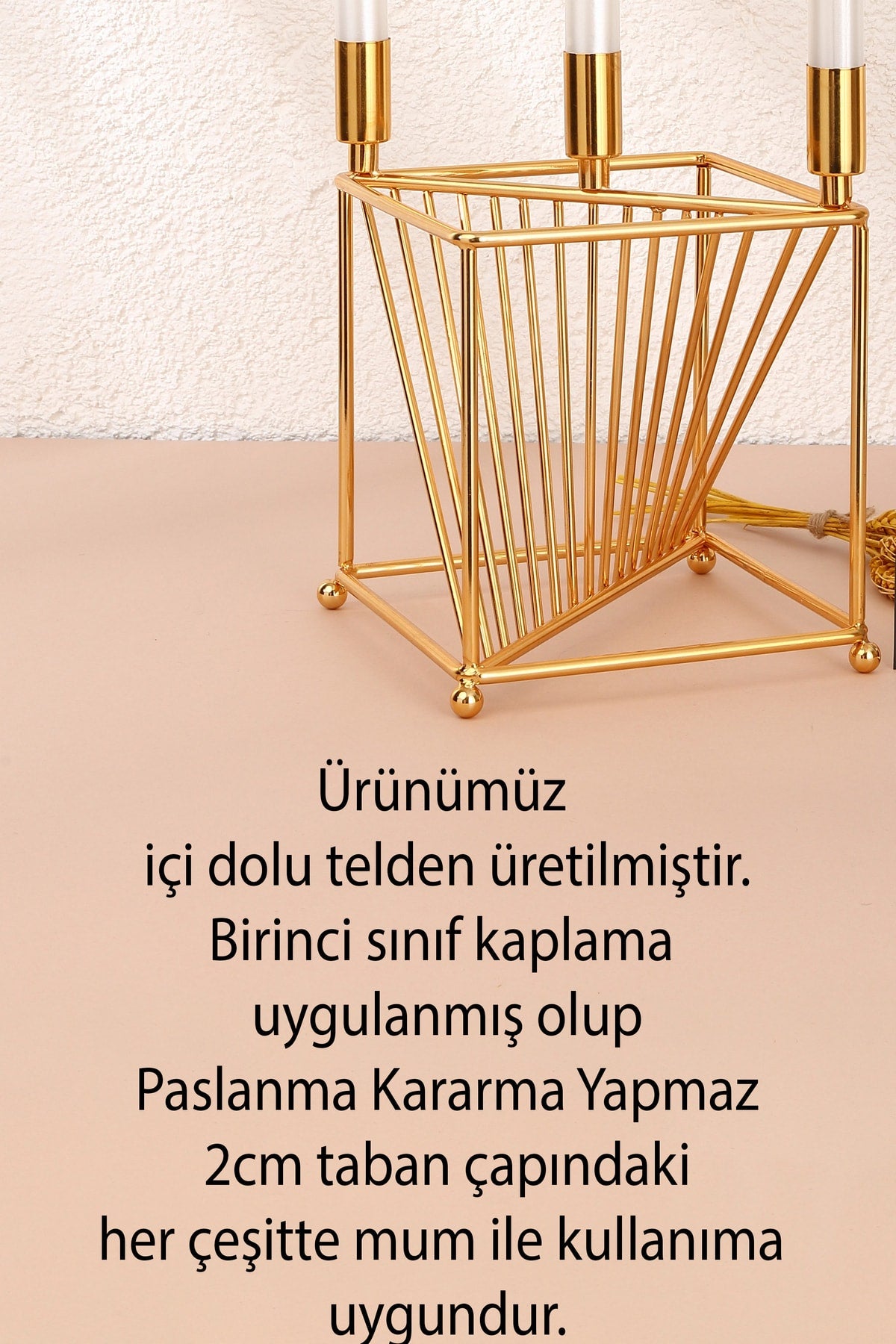 Florya Model Metal Gold 3 lü Şamdan Üçlü Mumluk Dekoratif Mumluk 20cm Paslanmaz Ev Dekorasyon