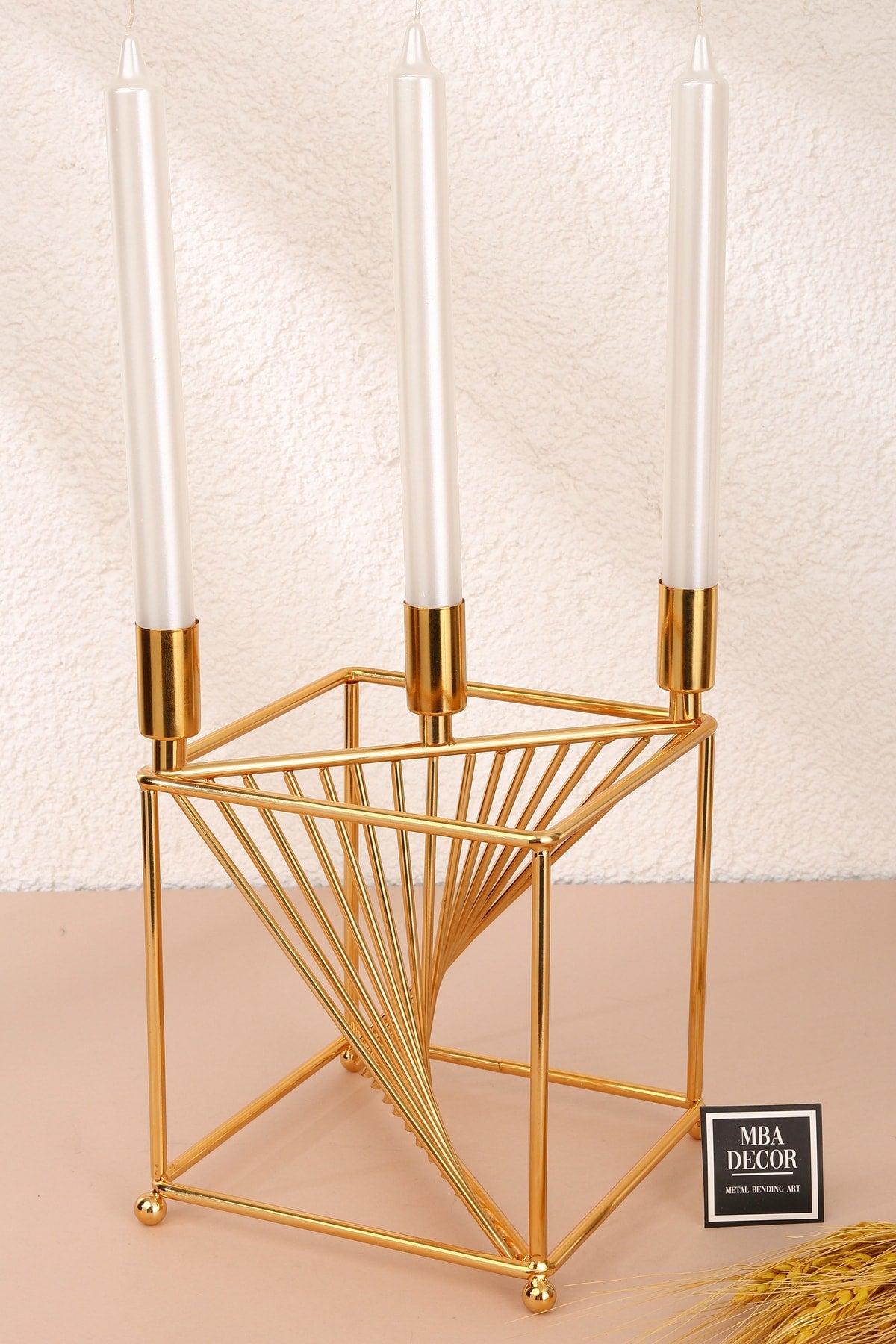 Florya Model Metal Gold 3 lü Şamdan Üçlü Mumluk Dekoratif Mumluk 20cm Paslanmaz Ev Dekorasyon