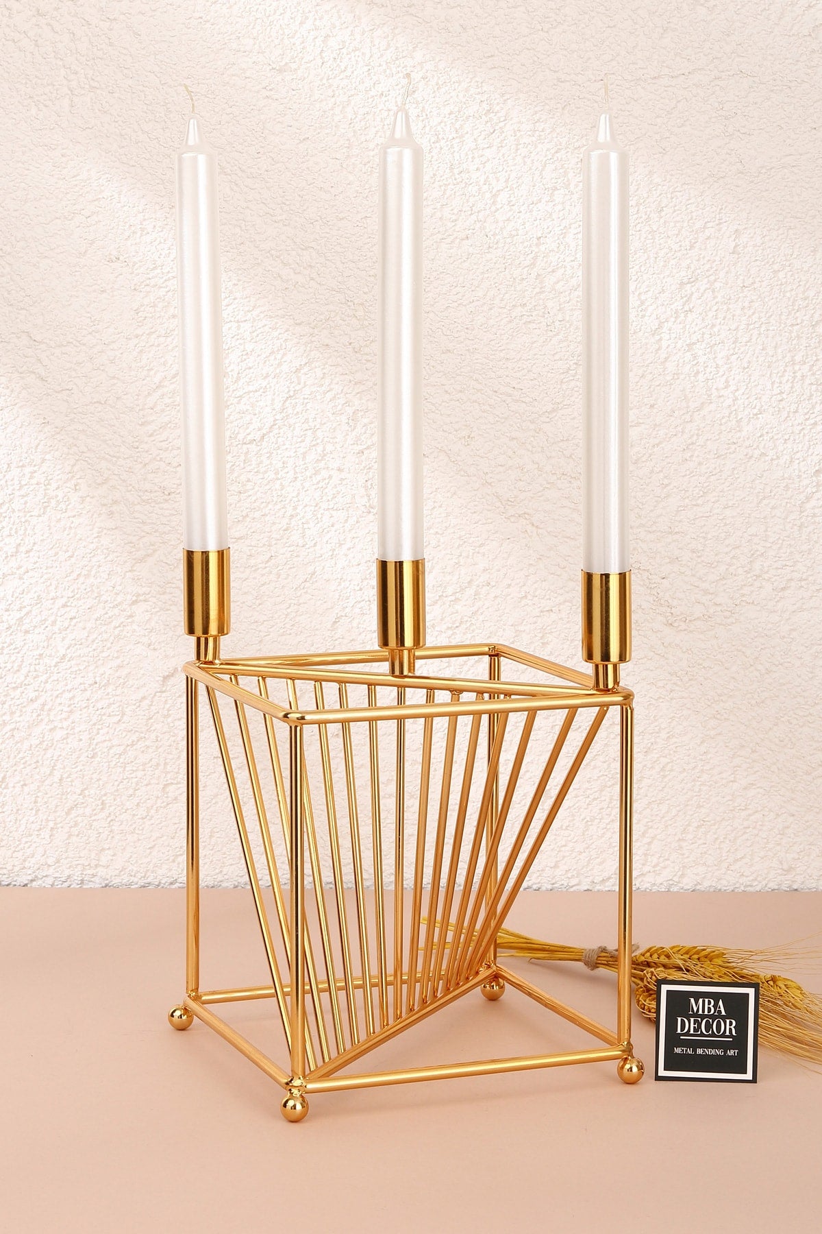 Florya Model Metal Gold 3 lü Şamdan Üçlü Mumluk Dekoratif Mumluk 20cm Paslanmaz Ev Dekorasyon
