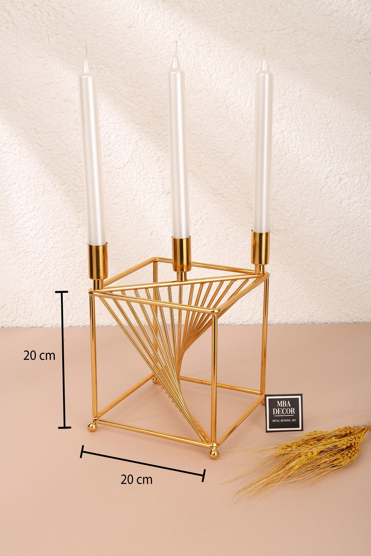Florya Model Metal Gold 3 lü Şamdan Üçlü Mumluk Dekoratif Mumluk 20cm Paslanmaz Ev Dekorasyon
