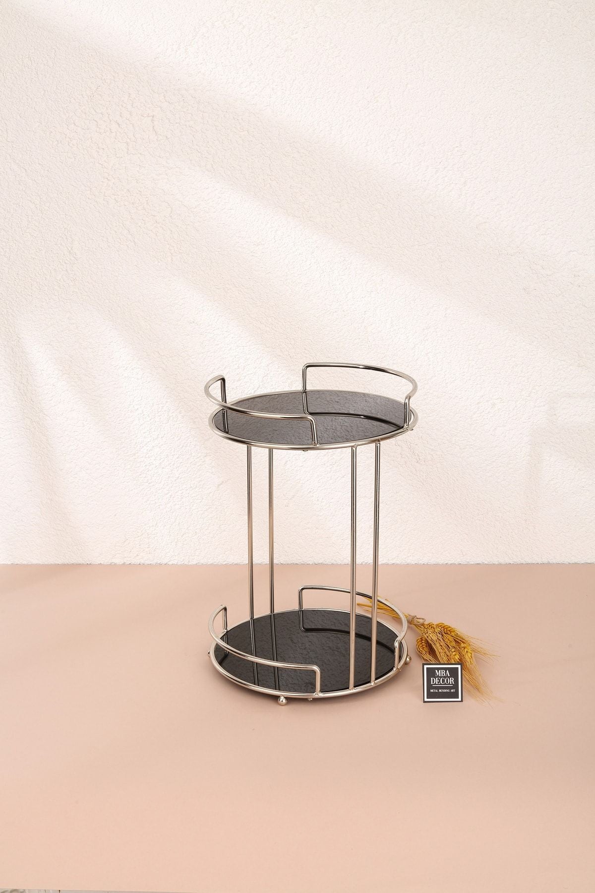 İki Katlı Yuvarlak Parlak Gümüş Kahve Yanı Sunumluk Düzenleyici Dekorasyon İkramlık Organizer 35cm