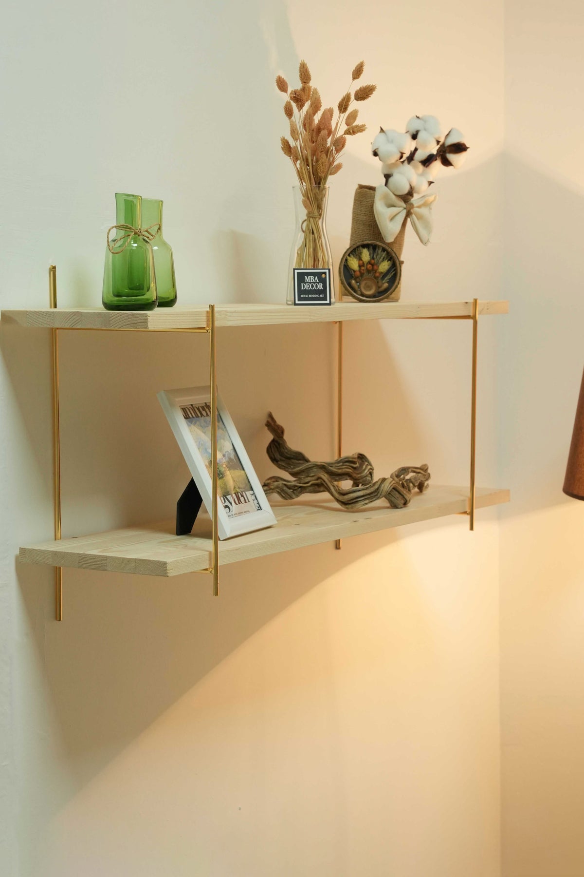 İki Katlı Masif Doğal Ahşap Gold Kaplama Duvar Rafı Kitaplık Düzenleyici Büyük Boy DoubleShelf 80x20