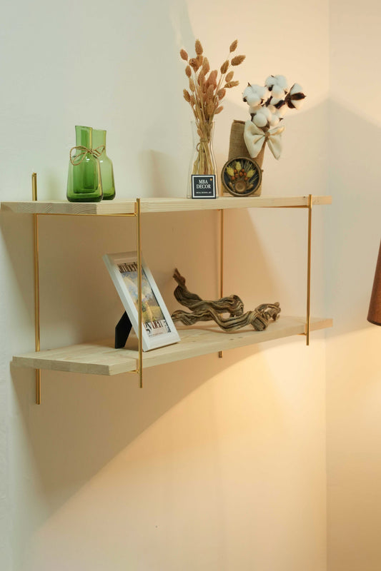 İki Katlı Masif Doğal Ahşap Gold Kaplama Duvar Rafı Kitaplık Düzenleyici Büyük Boy DoubleShelf 80x20