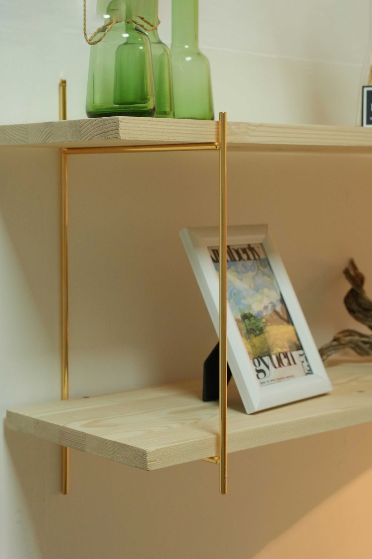 İki Katlı Masif Doğal Ahşap Gold Kaplama Duvar Rafı Kitaplık Düzenleyici Büyük Boy DoubleShelf 80x20