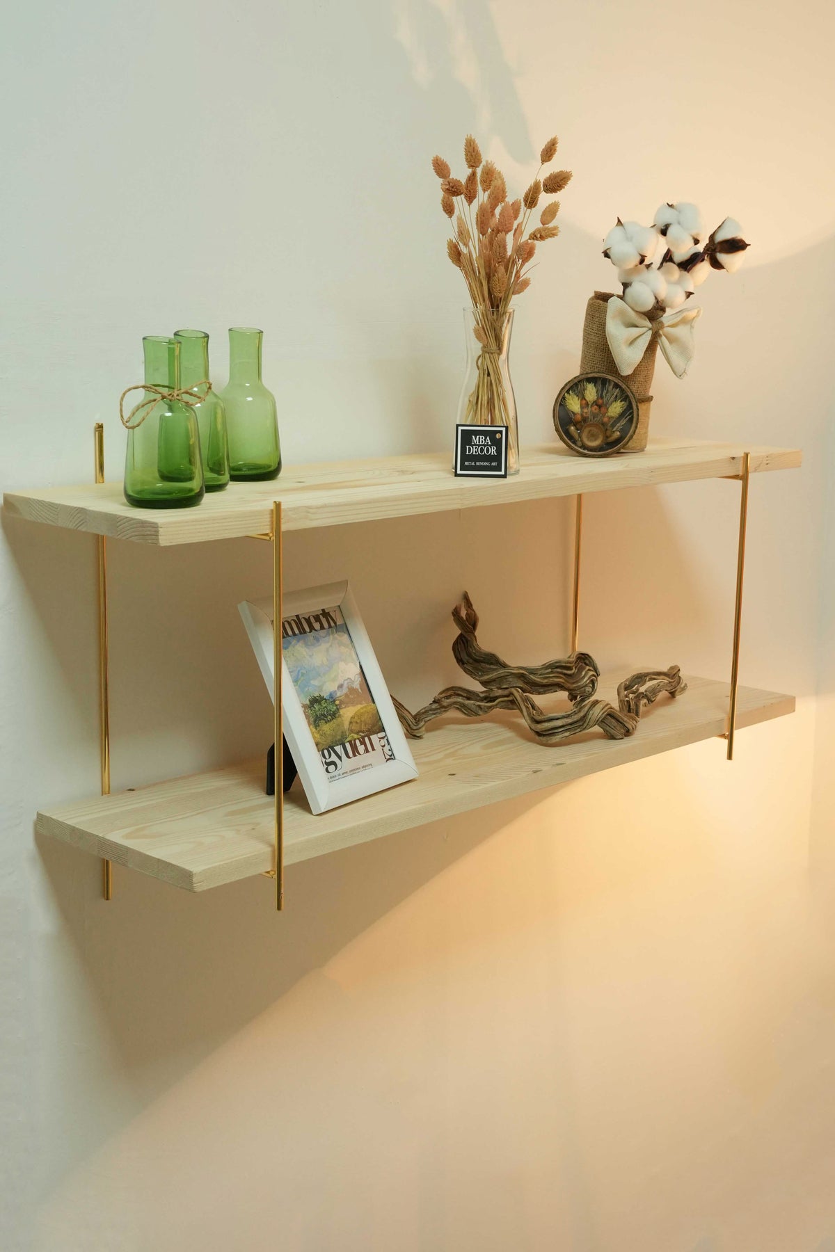 İki Katlı Masif Doğal Ahşap Gold Kaplama Duvar Rafı Kitaplık Düzenleyici Büyük Boy DoubleShelf 80x20