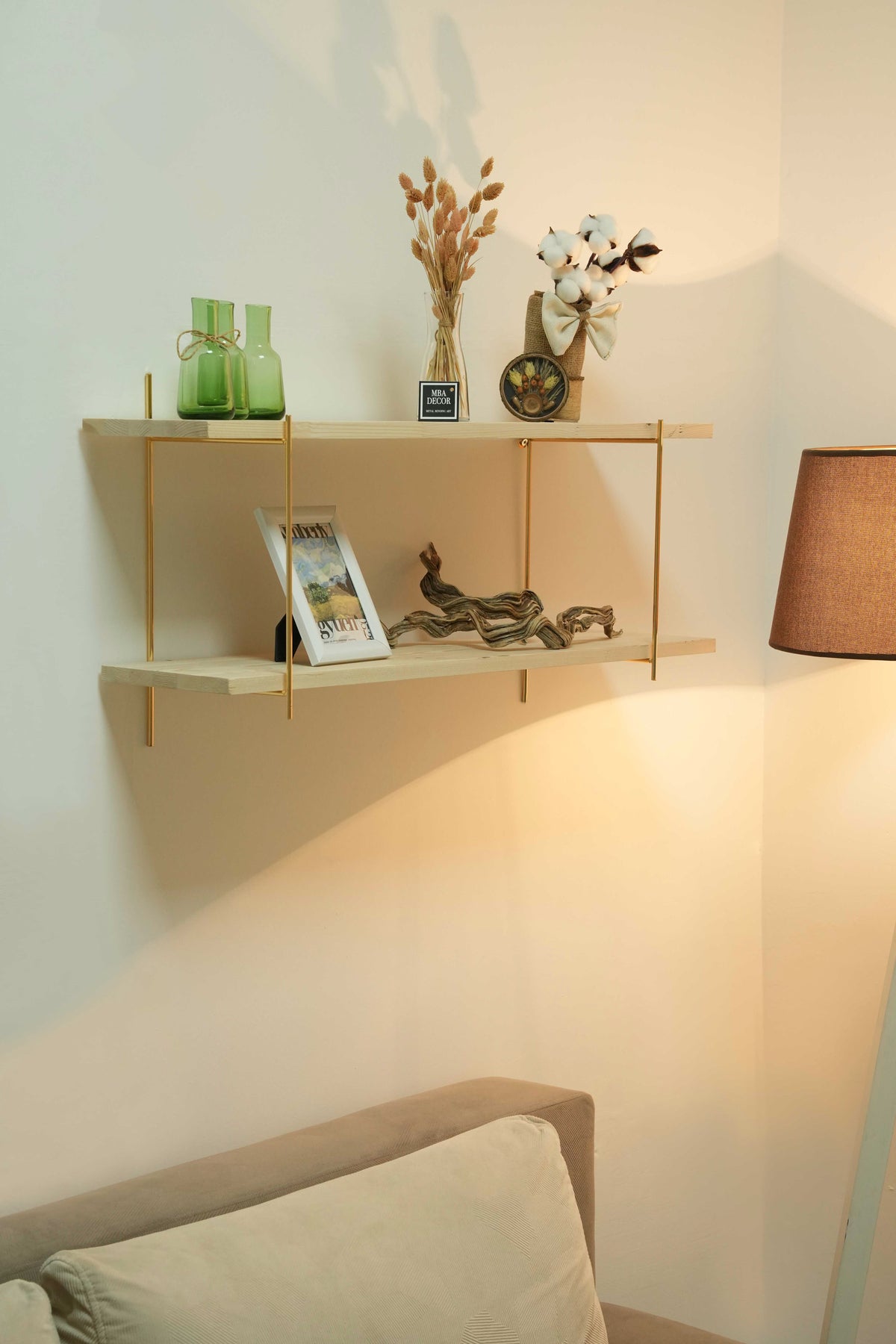 İki Katlı Masif Doğal Ahşap Gold Kaplama Duvar Rafı Kitaplık Düzenleyici Büyük Boy DoubleShelf 80x20