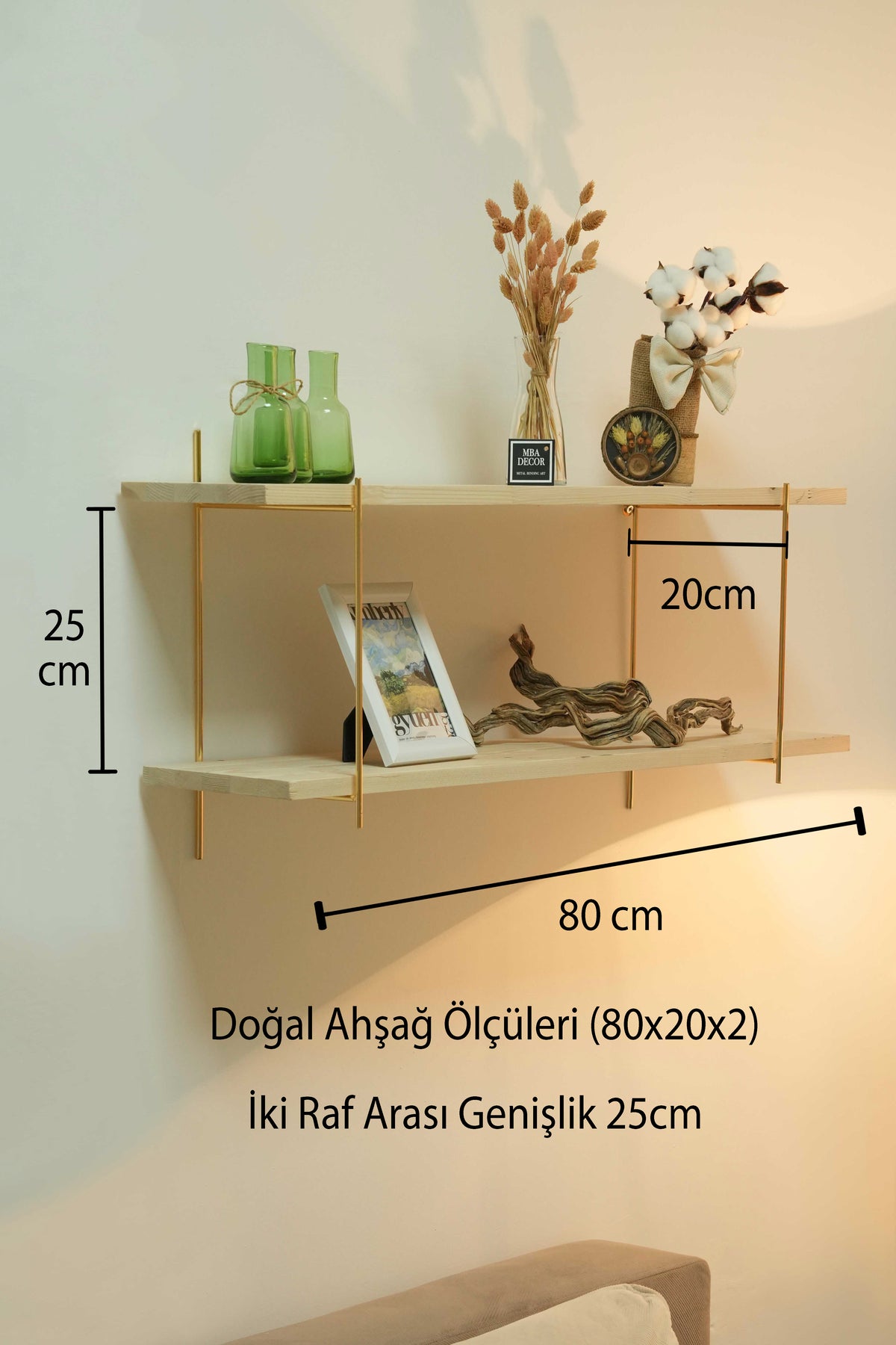 İki Katlı Masif Doğal Ahşap Gold Kaplama Duvar Rafı Kitaplık Düzenleyici Büyük Boy DoubleShelf 80x20