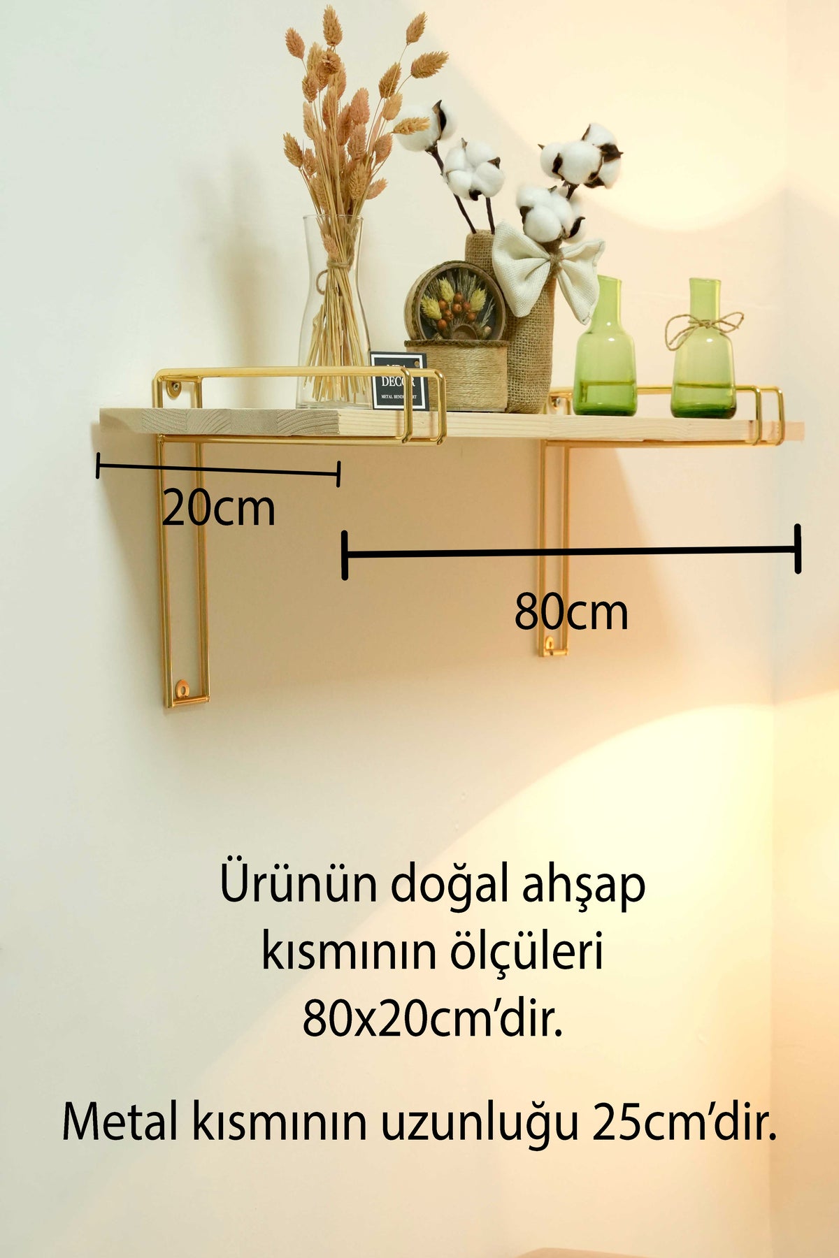 Altın Ayaklı Masif Doğal Ahşap Gold Kaplama Duvar Rafı Kitaplık Düzenleyici Büyük Boy 80x20