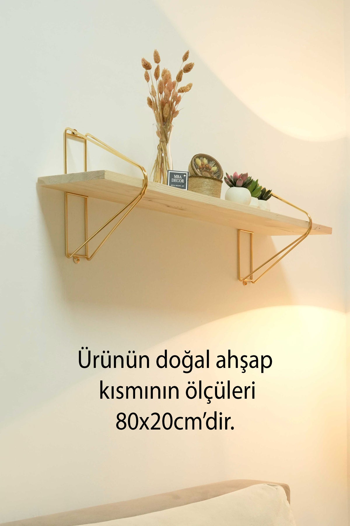 Estetik Üçgen Masif Doğal Ahşap Gold Kaplama Duvar Rafı Kitaplık Düzenleyici Büyük Boy 80x20
