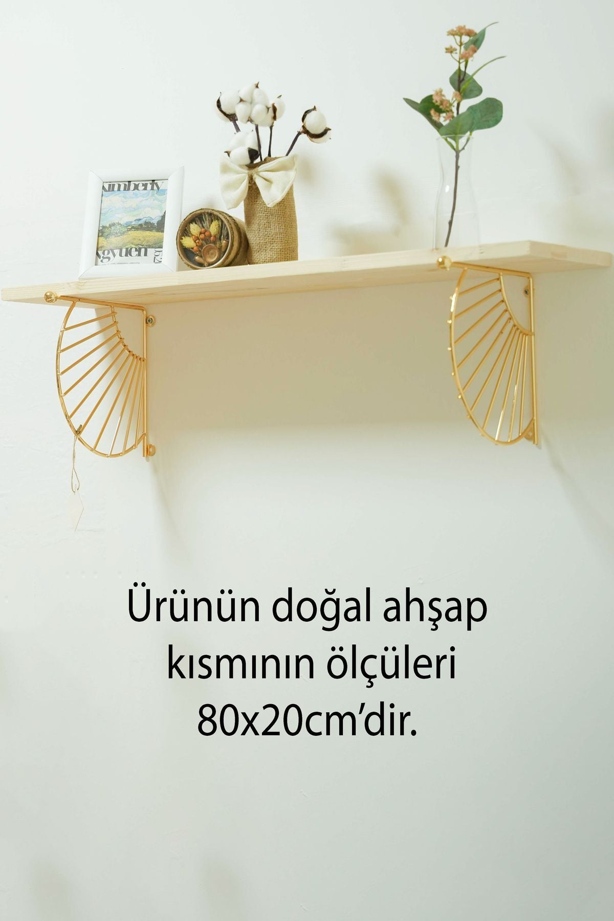 Nature Aura Masif Doğal Ahşap Gold Kaplama Duvar Rafı Kitaplık Düzenleyici Büyük Boy 80x20