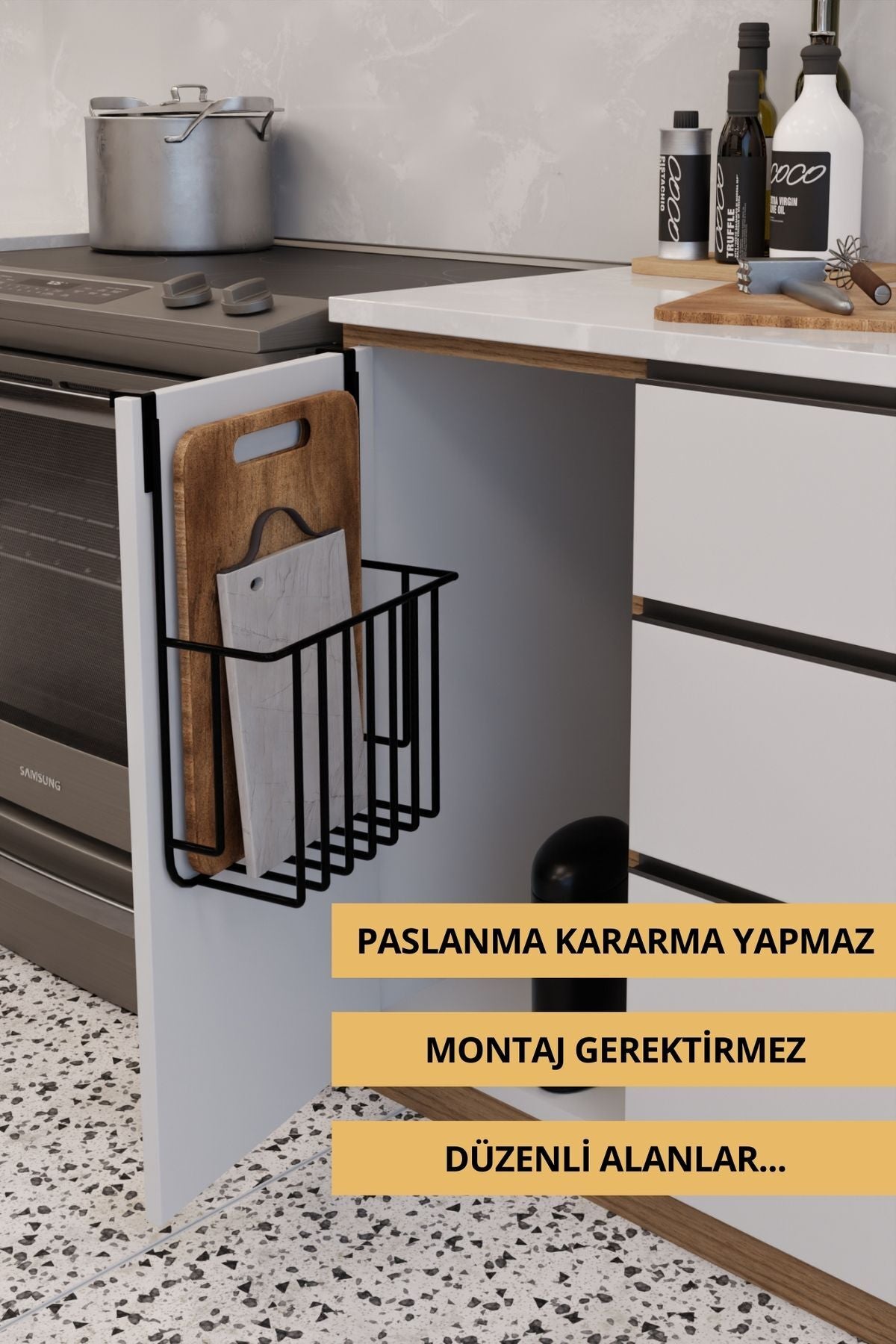 Siyah Çok Amaçlı Düzenleyici - Mutfak Dolabı Tezgah ve Evye Altı Kapak Askısı - Organizer
