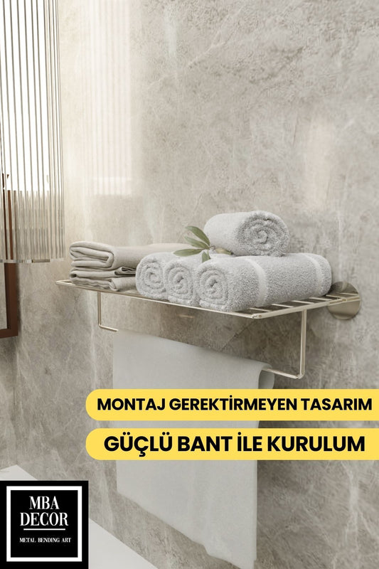 Yapışkanlı Raflı Havluluk - Paslanmaz Gümüş Uzun Havlu Tutacağı Banyo Aksesuarı