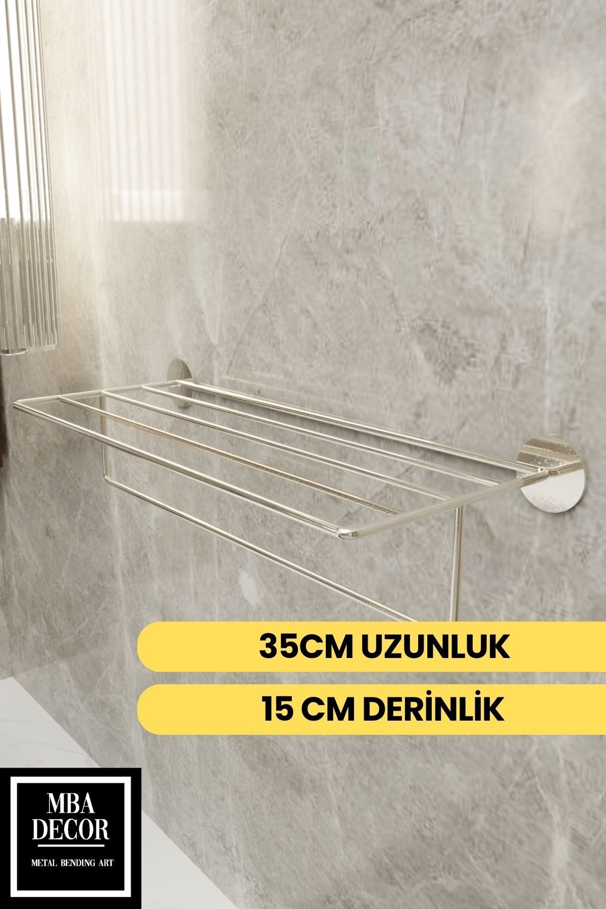 Yapışkanlı Raflı Havluluk - Paslanmaz Gümüş Uzun Havlu Tutacağı Banyo Aksesuarı