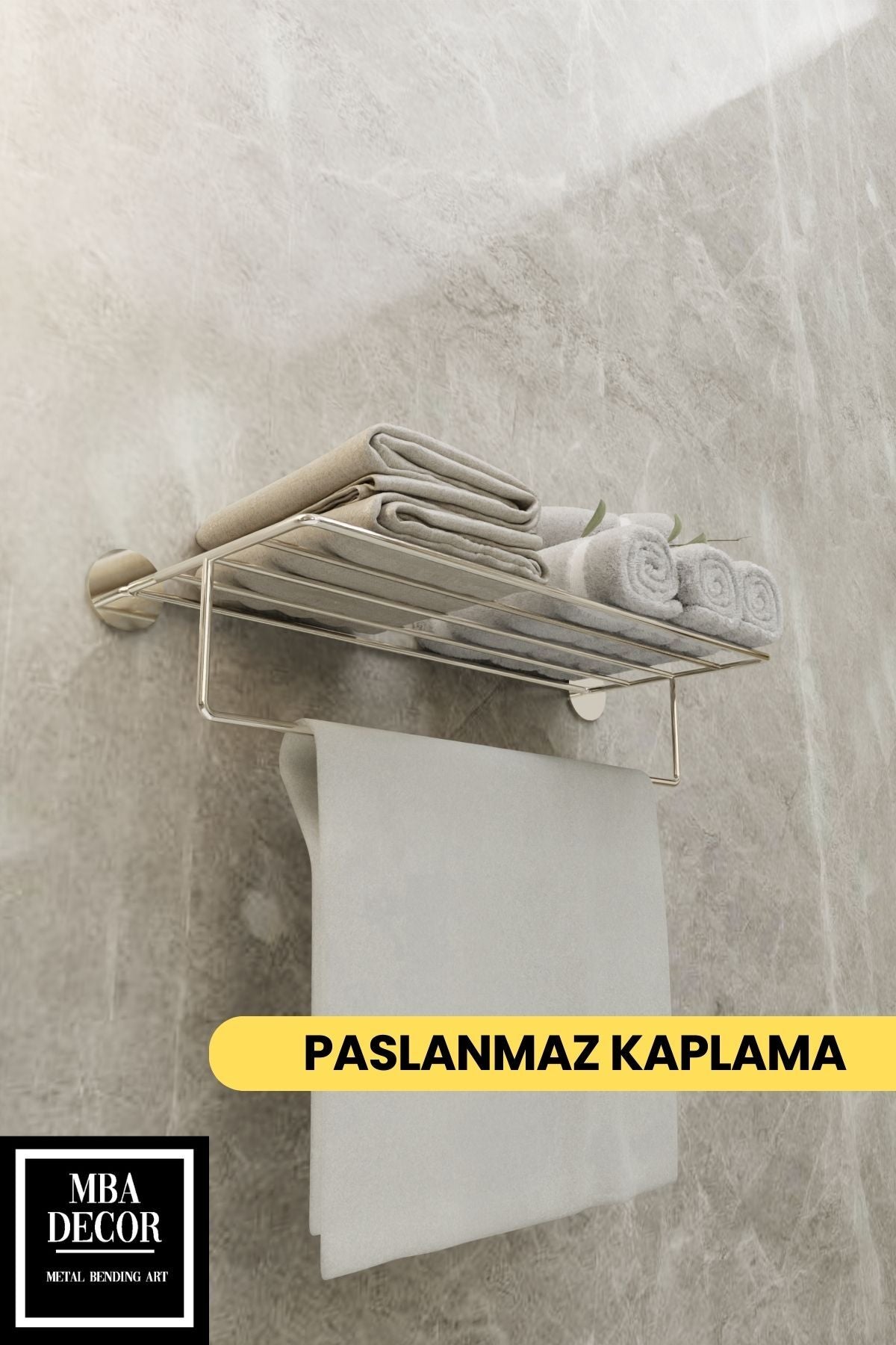 Yapışkanlı Raflı Havluluk - Paslanmaz Gümüş Uzun Havlu Tutacağı Banyo Aksesuarı