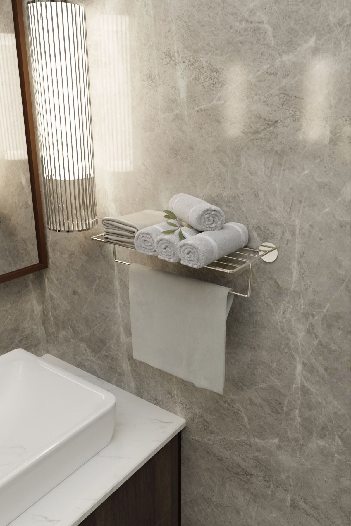Yapışkanlı Raflı Havluluk - Paslanmaz Gümüş Uzun Havlu Tutacağı Banyo Aksesuarı