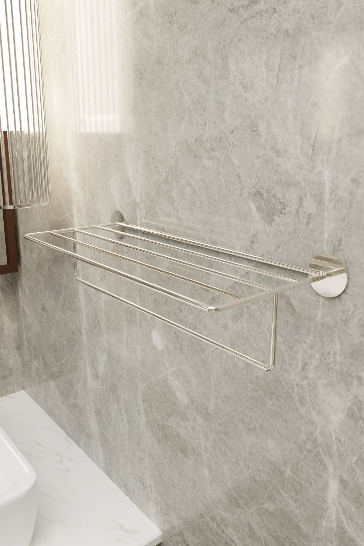 Yapışkanlı Raflı Havluluk - Paslanmaz Gümüş Uzun Havlu Tutacağı Banyo Aksesuarı