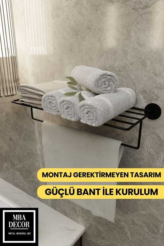 Yapışkanlı Raflı Havluluk - Paslanmaz Siyah Uzun Havlu Tutacağı Banyo Aksesuarı