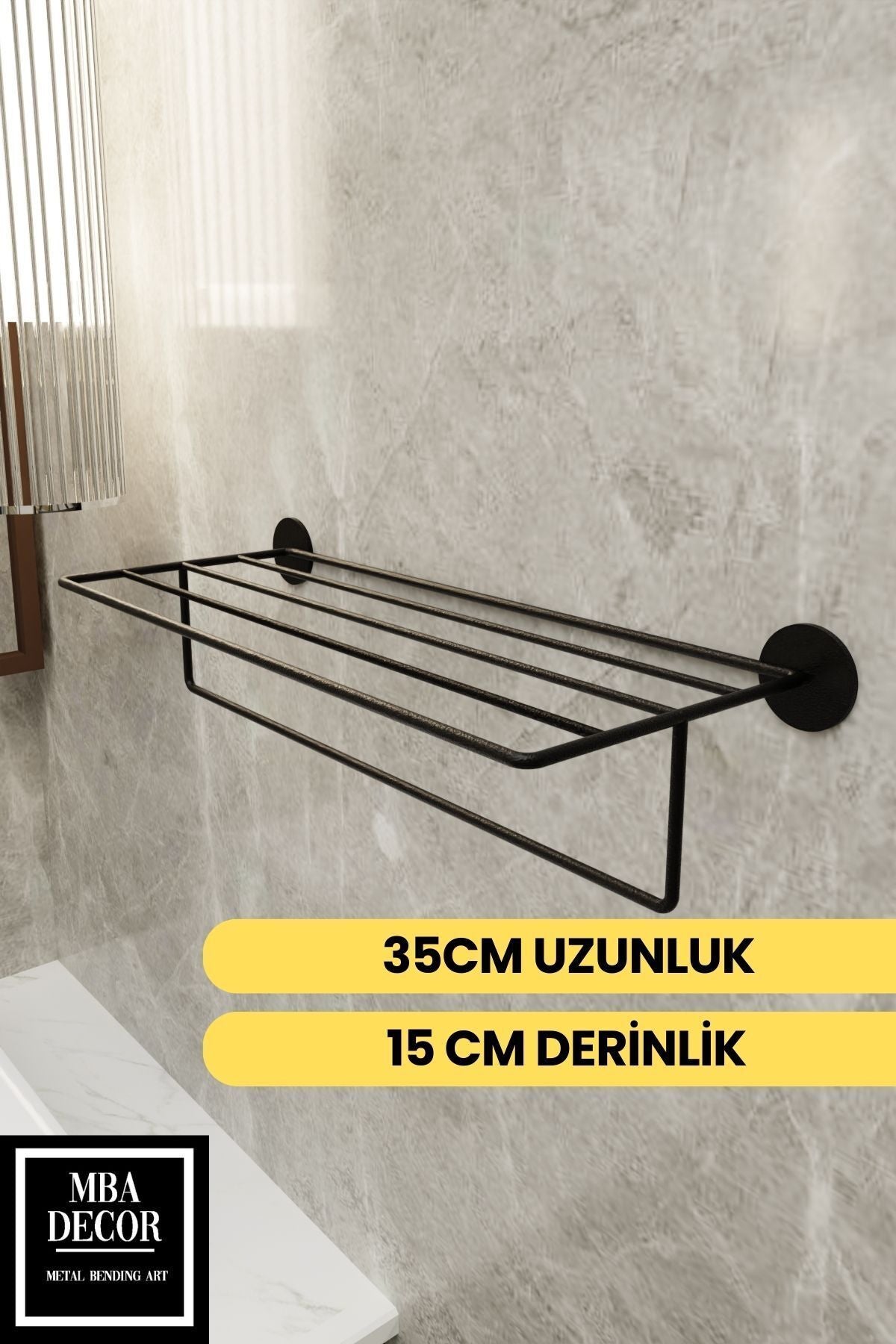 Yapışkanlı Raflı Havluluk - Paslanmaz Siyah Uzun Havlu Tutacağı Banyo Aksesuarı