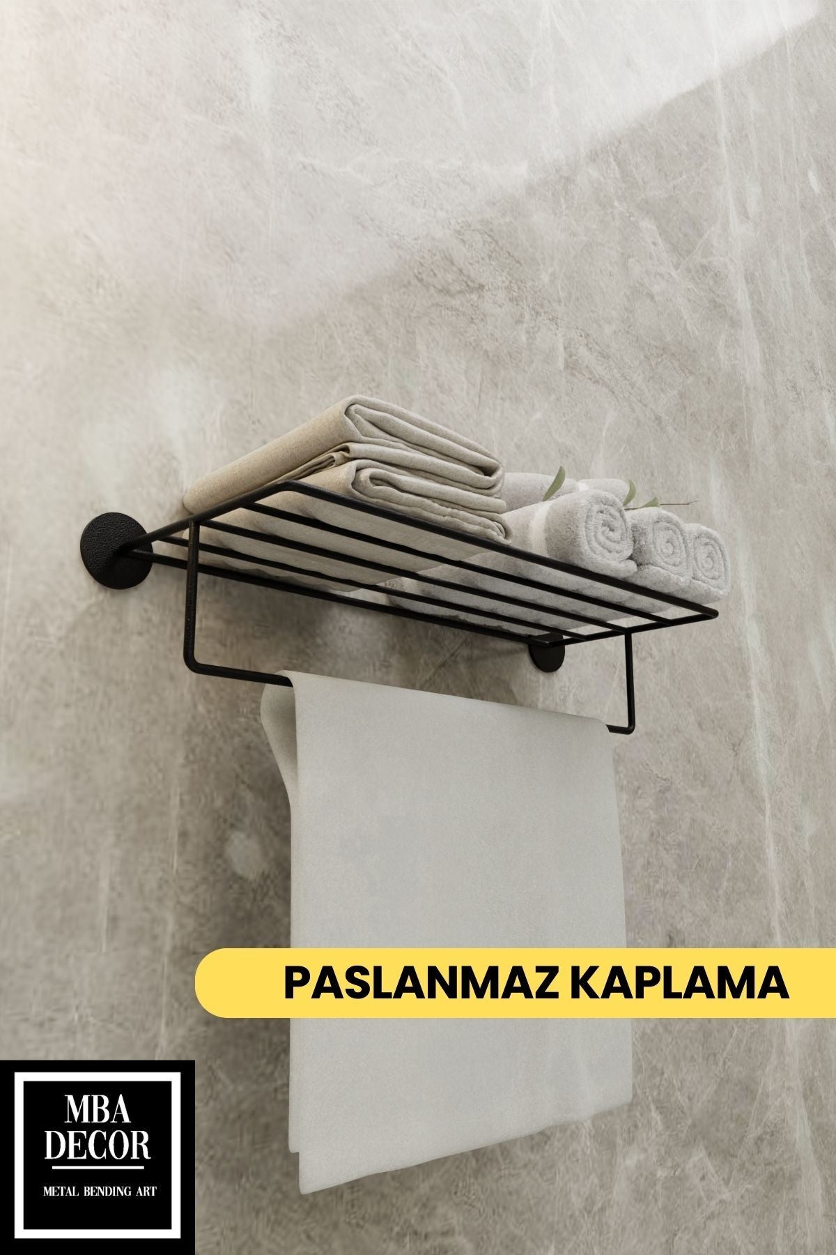 Yapışkanlı Raflı Havluluk - Paslanmaz Siyah Uzun Havlu Tutacağı Banyo Aksesuarı