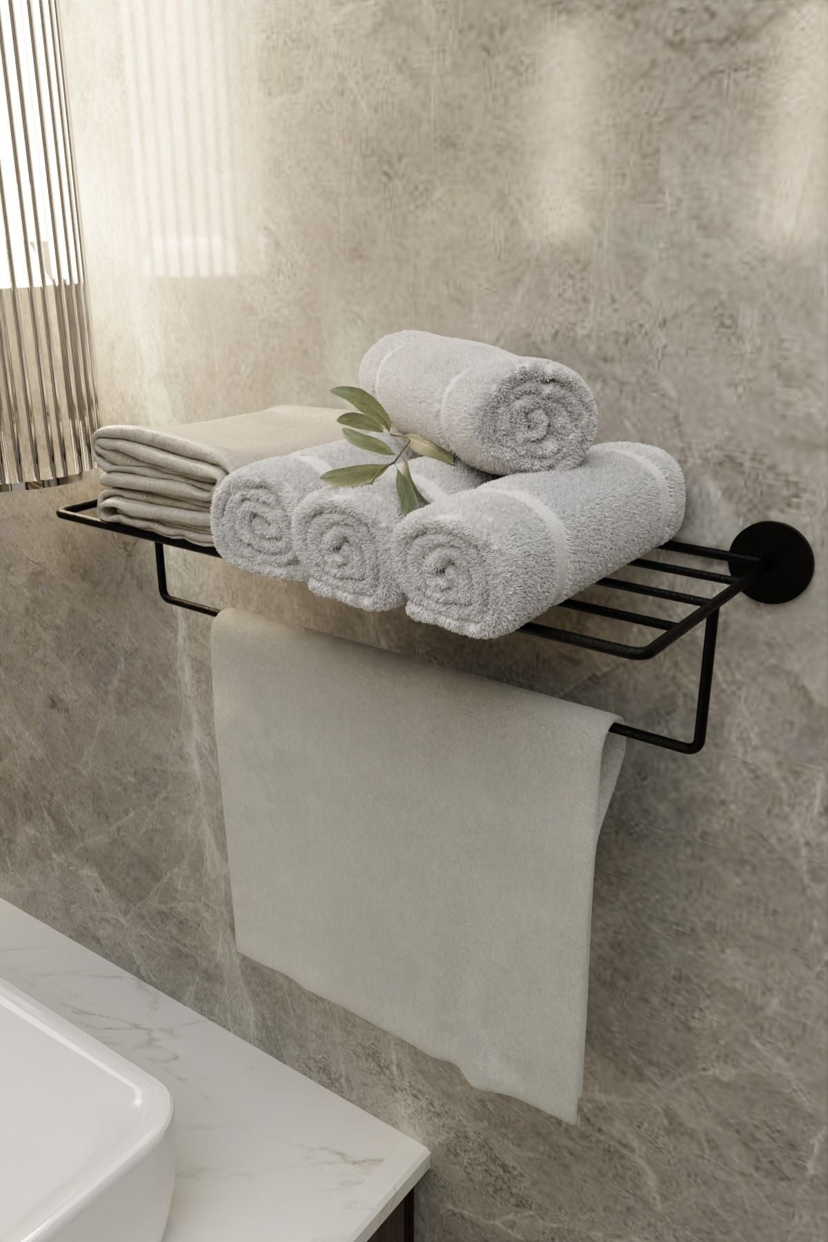 Yapışkanlı Raflı Havluluk - Paslanmaz Siyah Uzun Havlu Tutacağı Banyo Aksesuarı