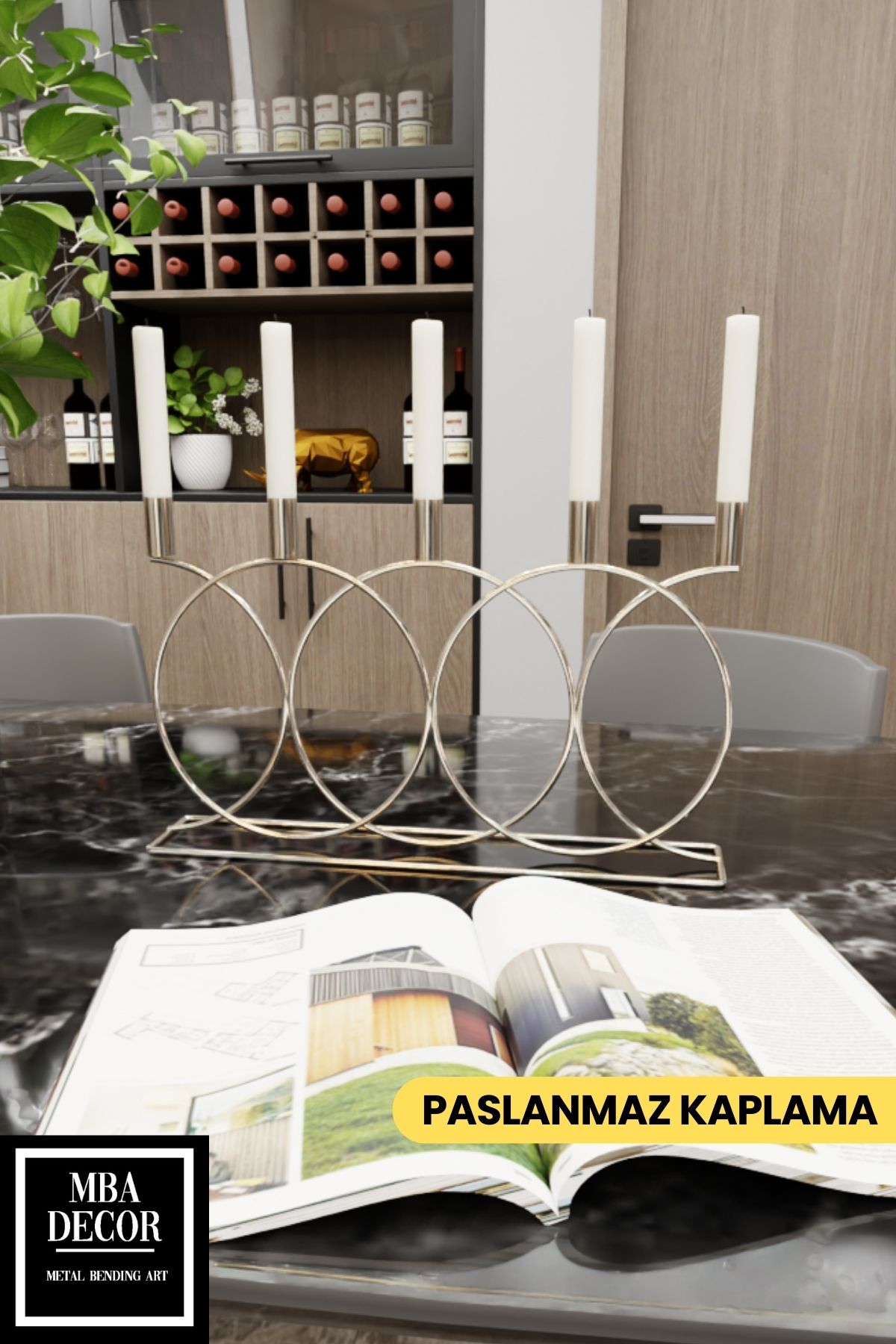 Metal Gümüş Double Geometri Masaüstü Şamdan Mumluk Dekoratif Mumluk Paslanmaz Ev Dekorasyon 45cm