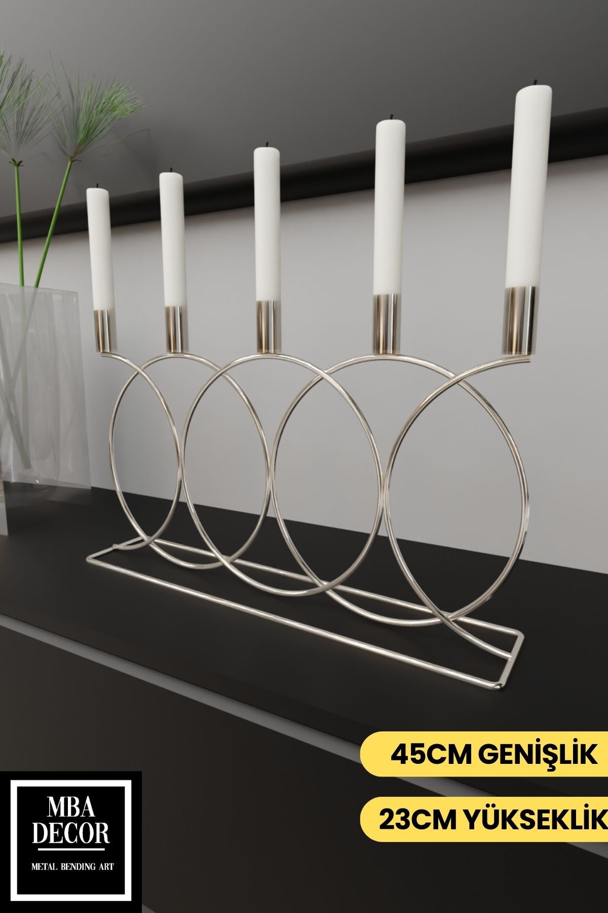 Metal Gümüş Double Geometri Masaüstü Şamdan Mumluk Dekoratif Mumluk Paslanmaz Ev Dekorasyon 45cm