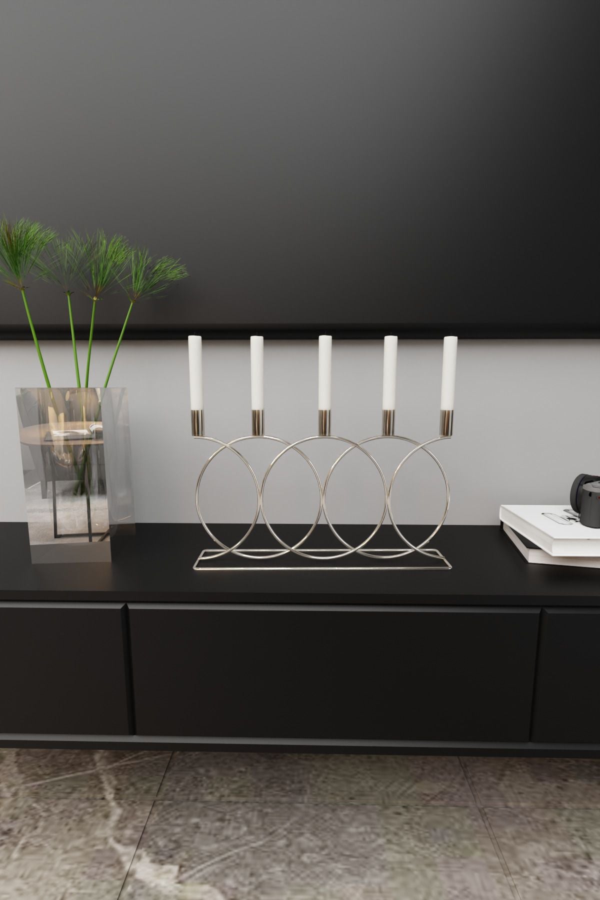 Metal Gümüş Double Geometri Masaüstü Şamdan Mumluk Dekoratif Mumluk Paslanmaz Ev Dekorasyon 45cm