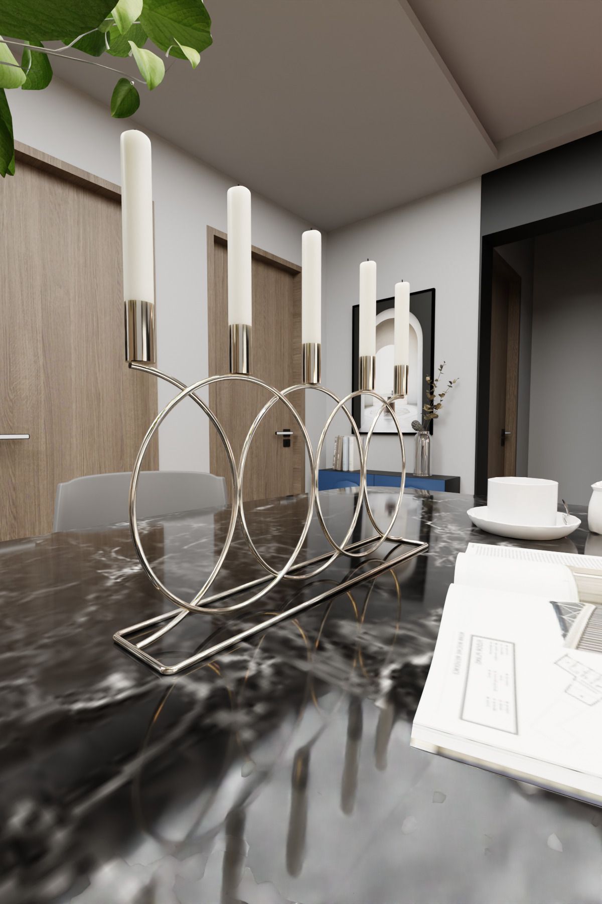 Metal Gümüş Double Geometri Masaüstü Şamdan Mumluk Dekoratif Mumluk Paslanmaz Ev Dekorasyon 45cm
