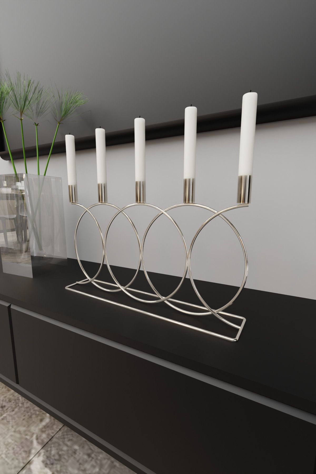 Metal Gümüş Double Geometri Masaüstü Şamdan Mumluk Dekoratif Mumluk Paslanmaz Ev Dekorasyon 45cm