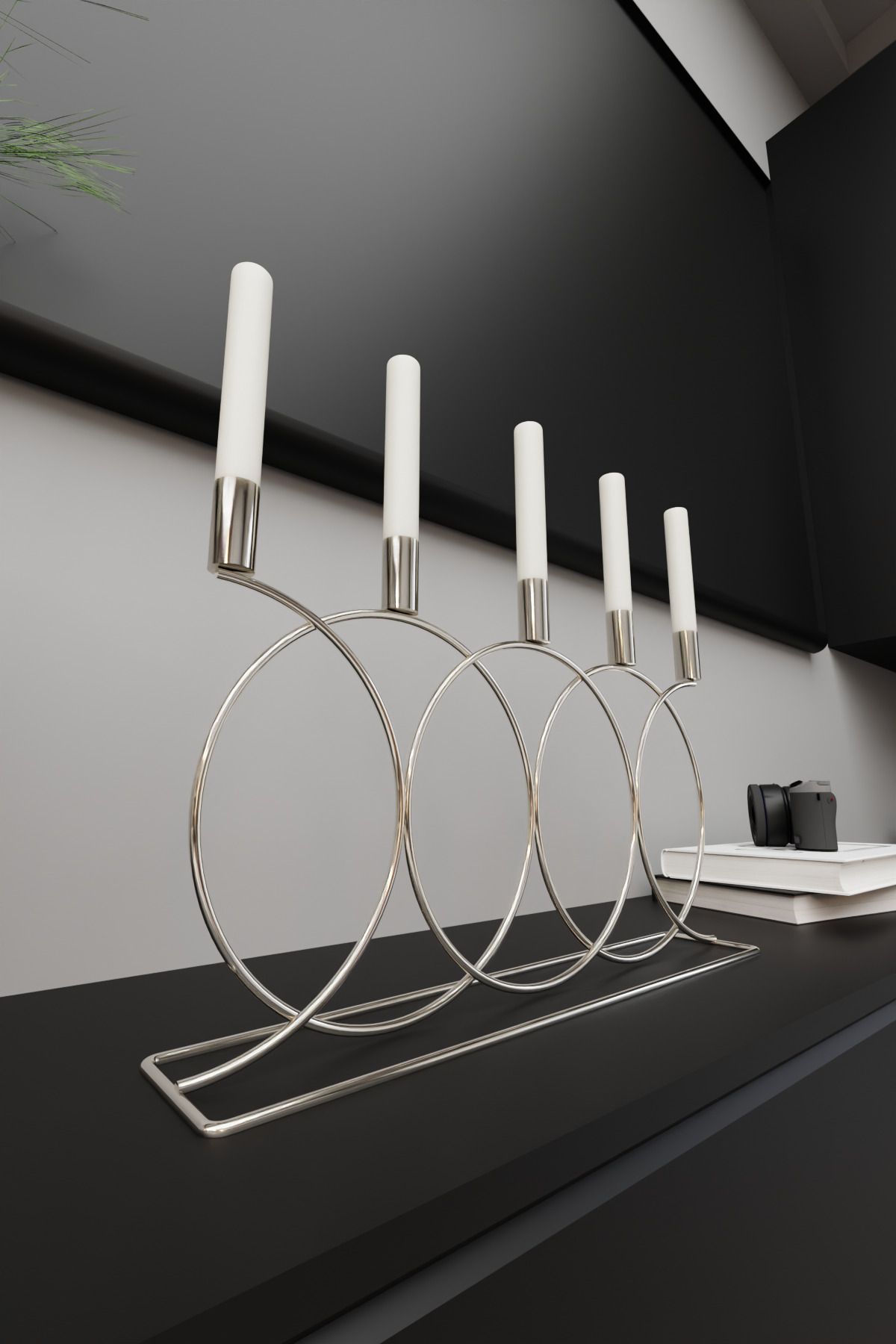 Metal Gümüş Double Geometri Masaüstü Şamdan Mumluk Dekoratif Mumluk Paslanmaz Ev Dekorasyon 45cm
