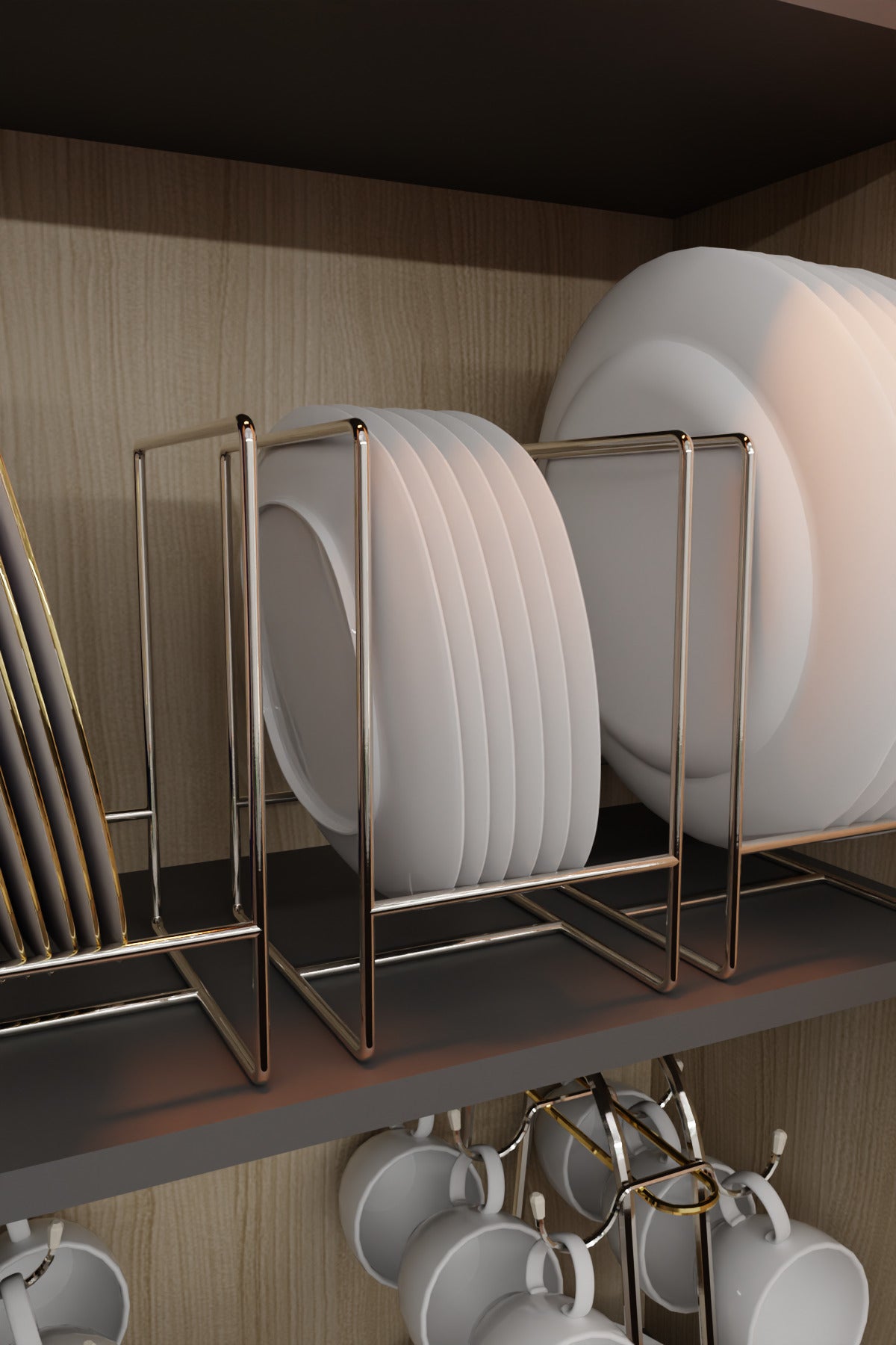 Gümüş Metal Tabak Düzenleyici - Paslanmaz Ergonomik Dolap İçi Mutfak Organizeri