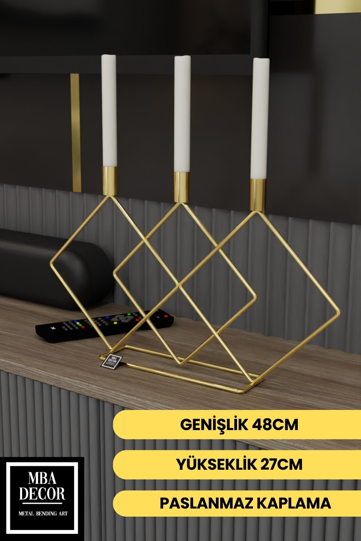 Metal Gold Double Prizma Şamdan 48cm Masaüstü Şamdan Mumluk Dekoratif Mumluk Paslanmaz Ev Dekorasyon