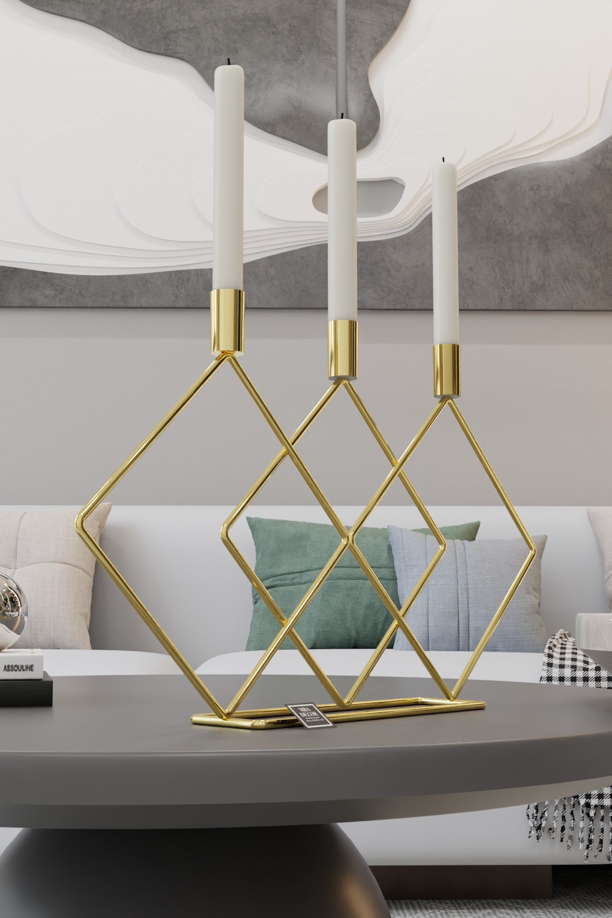 Metal Gold Double Prizma Şamdan 48cm Masaüstü Şamdan Mumluk Dekoratif Mumluk Paslanmaz Ev Dekorasyon