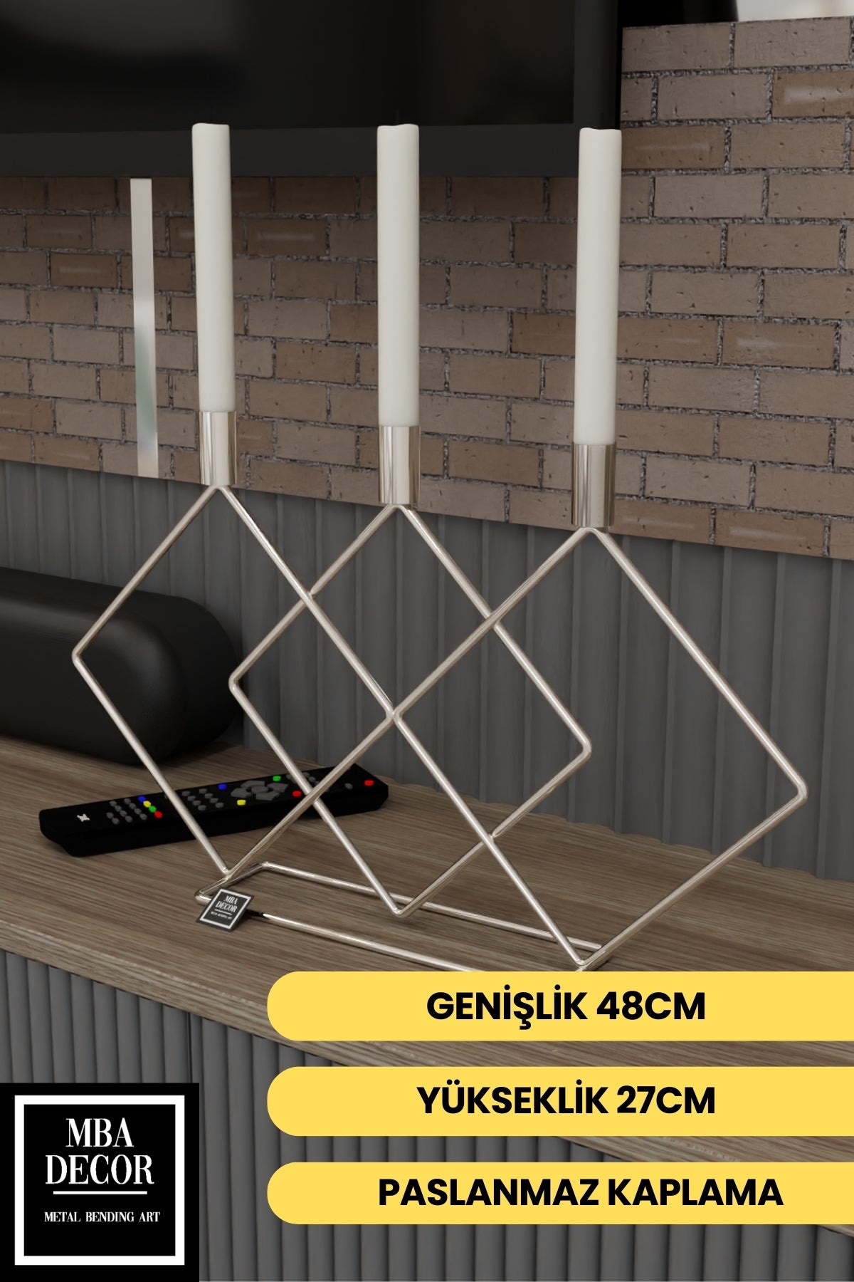 Metal Gümüş Double Prizma 48cm Masaüstü Şamdan Mumluk Dekoratif Mumluk Paslanmaz Ev Dekorasyon