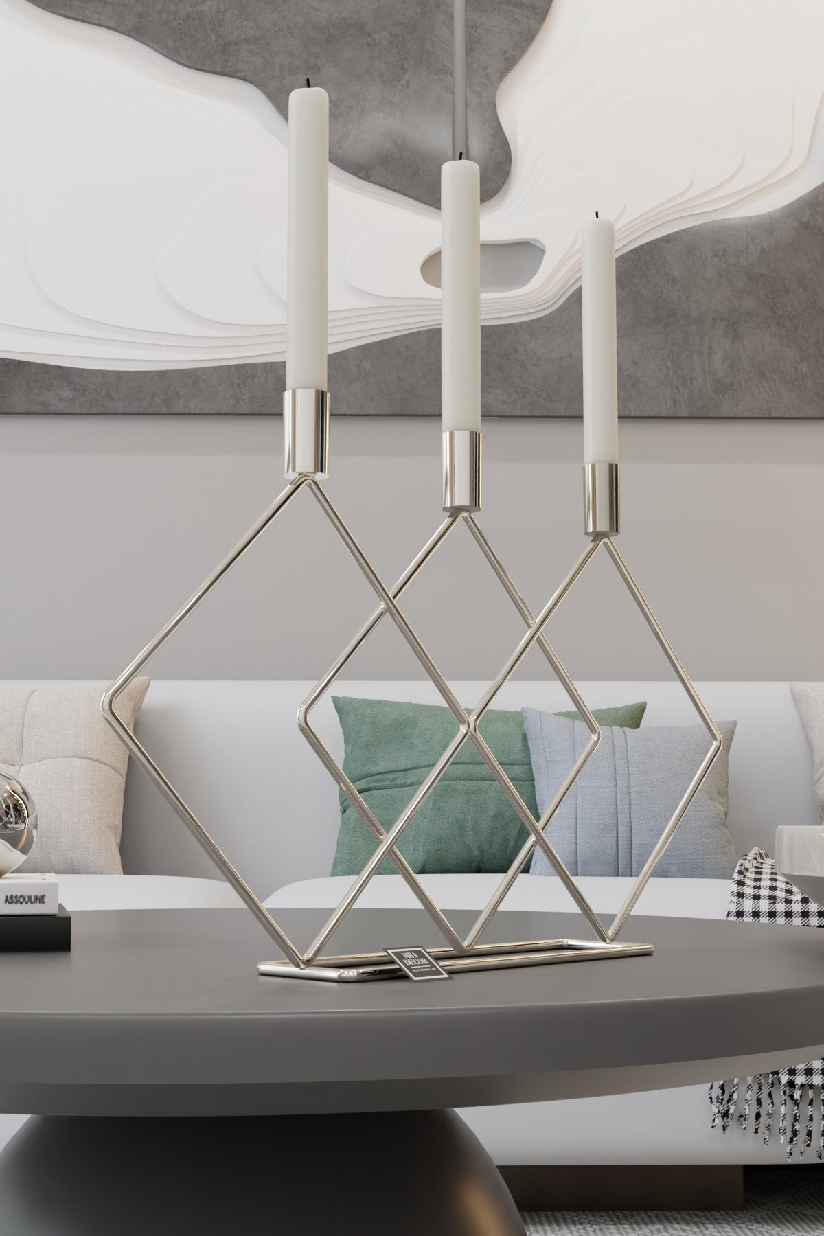 Metal Gümüş Double Prizma 48cm Masaüstü Şamdan Mumluk Dekoratif Mumluk Paslanmaz Ev Dekorasyon