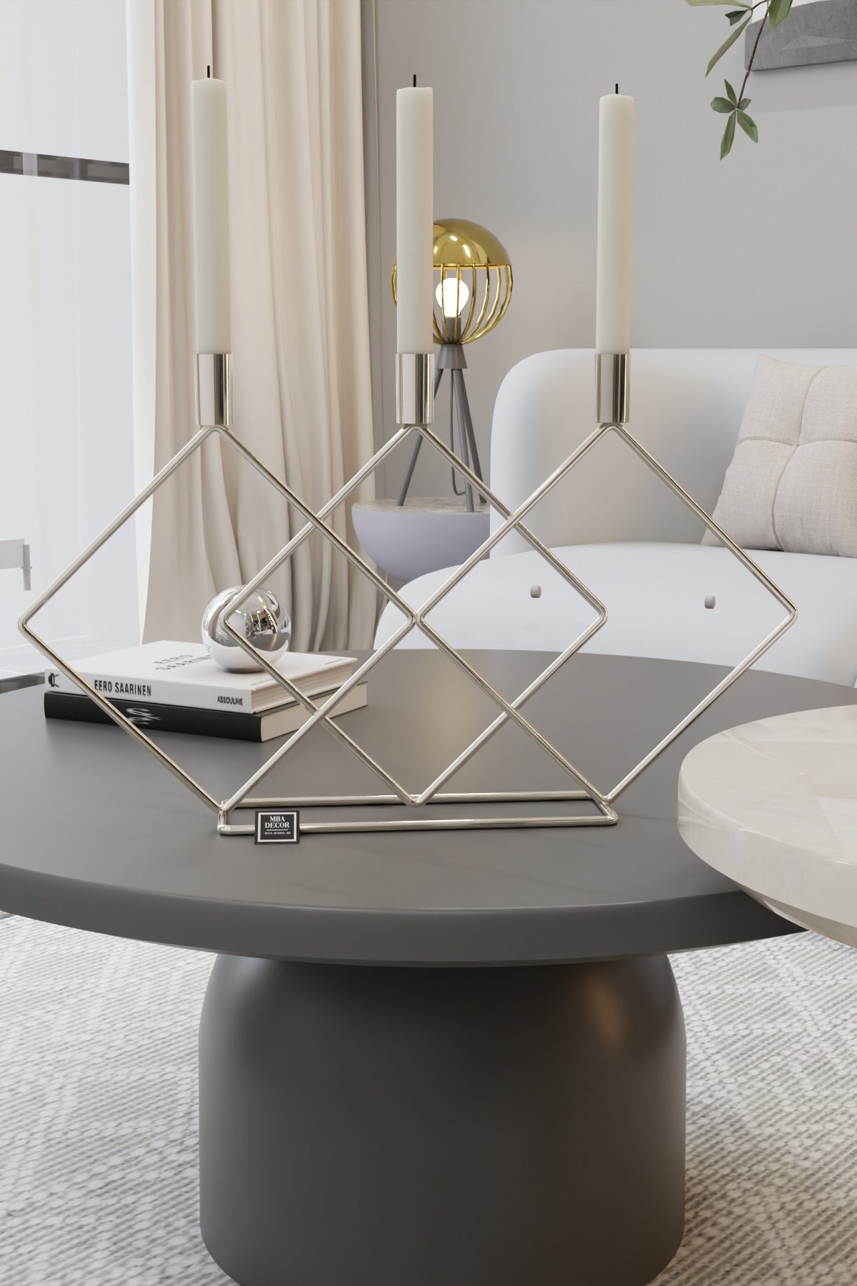 Metal Gümüş Double Prizma 48cm Masaüstü Şamdan Mumluk Dekoratif Mumluk Paslanmaz Ev Dekorasyon