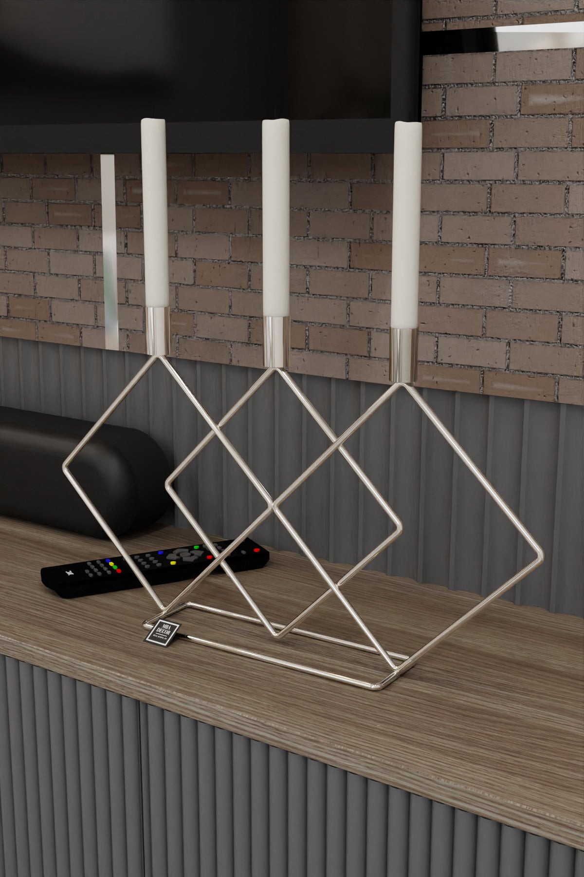Metal Gümüş Double Prizma 48cm Masaüstü Şamdan Mumluk Dekoratif Mumluk Paslanmaz Ev Dekorasyon