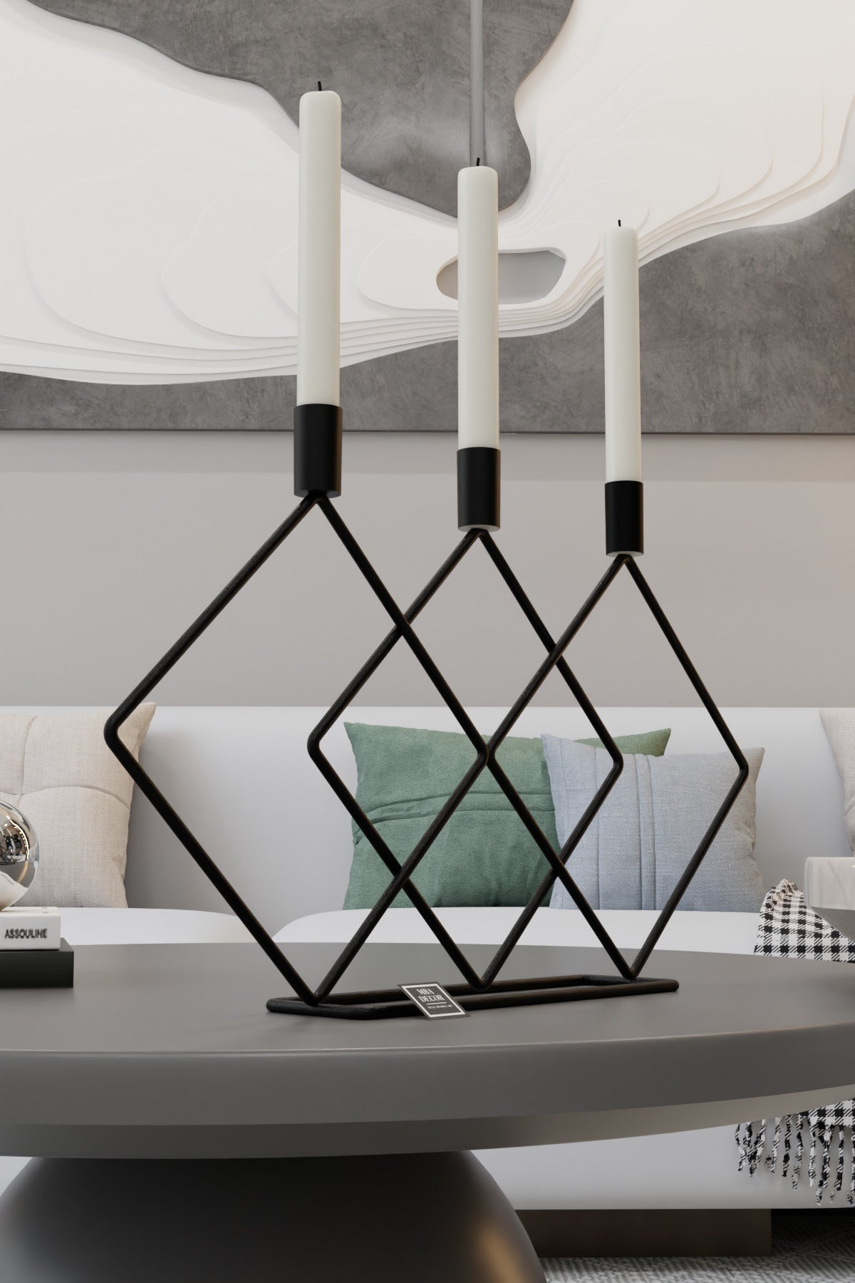 Metal Siyah Double Prizma 48cm Masaüstü Şamdan Mumluk Dekoratif Mumluk Paslanmaz Ev Dekorasyon