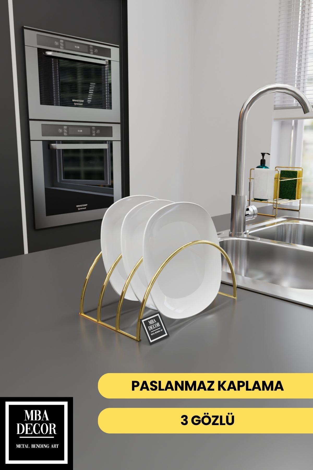 Gold Paslanmaz 3 Gözlü Tavalık Tencerelik Tabaklık – Dolap İçi Düzenleyici, Şık Mutfak Çözümü