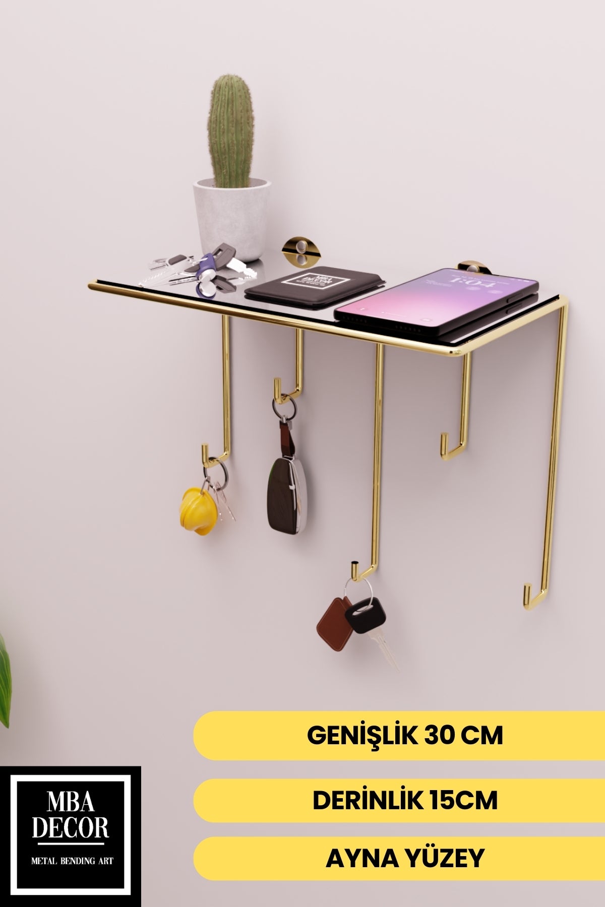 Gold Ayna Yüzeyli Duvar Rafı ve Anahtarlık Askılığı – Minimalist Metal Dekoratif Raf