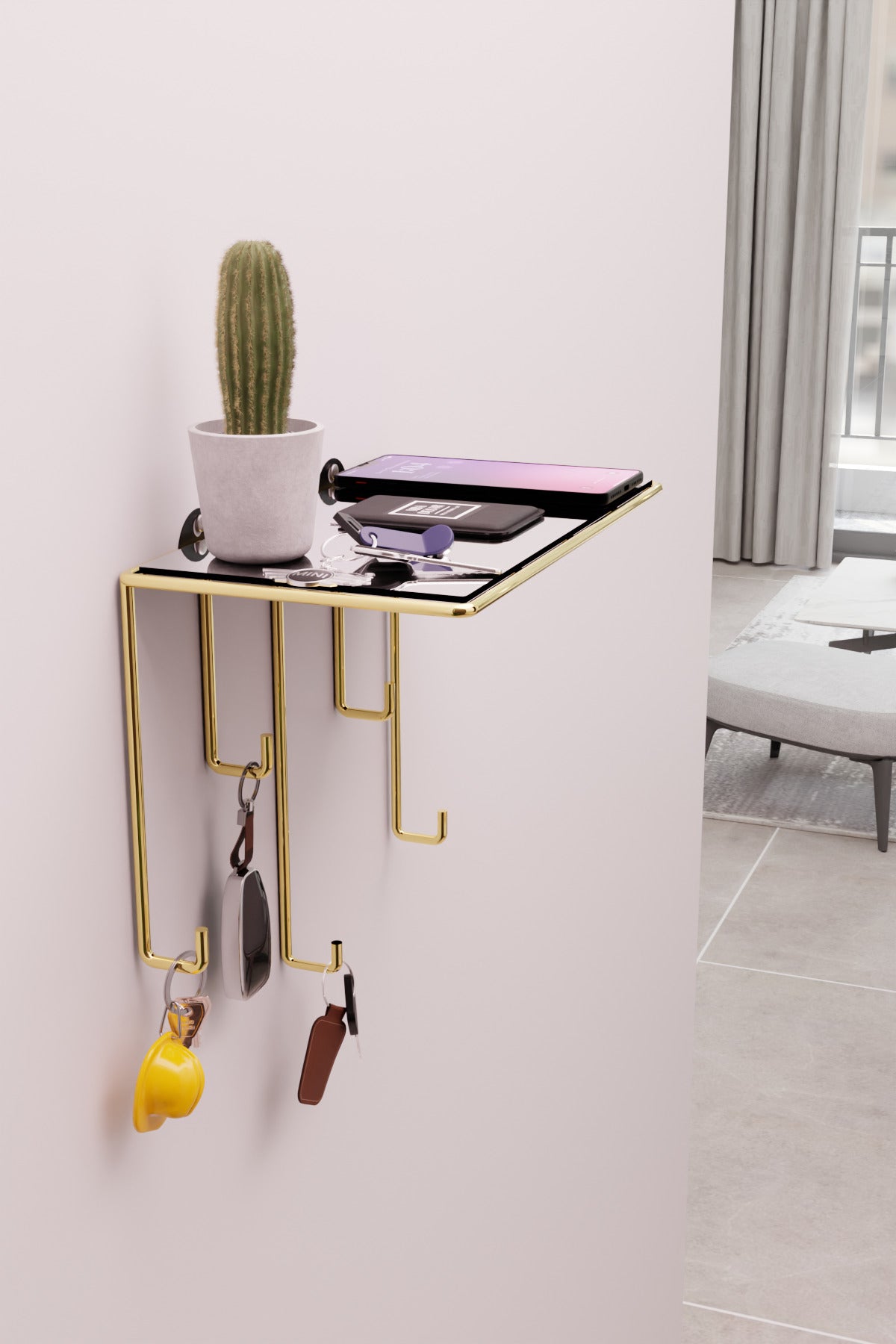 Gold Ayna Yüzeyli Duvar Rafı ve Anahtarlık Askılığı – Minimalist Metal Dekoratif Raf