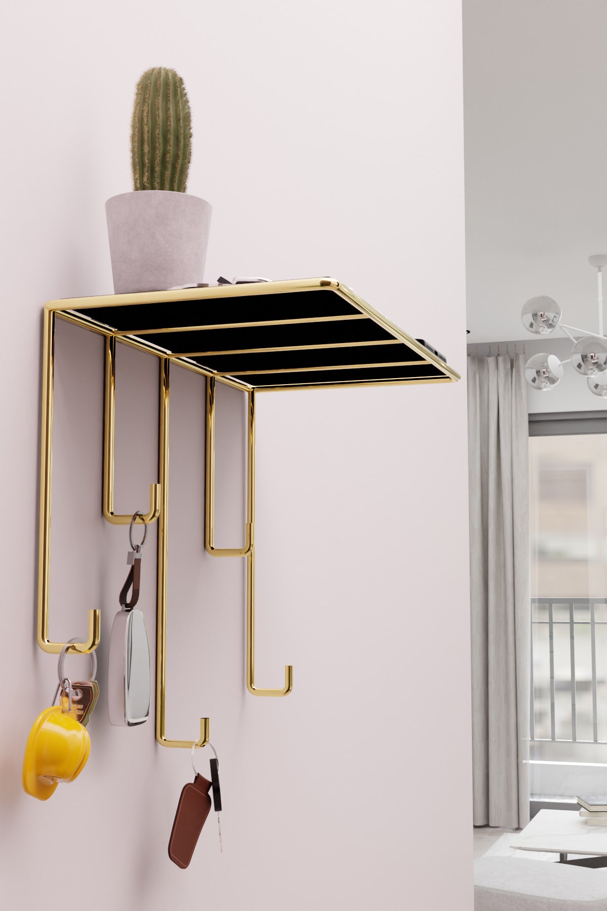 Gold Ayna Yüzeyli Duvar Rafı ve Anahtarlık Askılığı – Minimalist Metal Dekoratif Raf