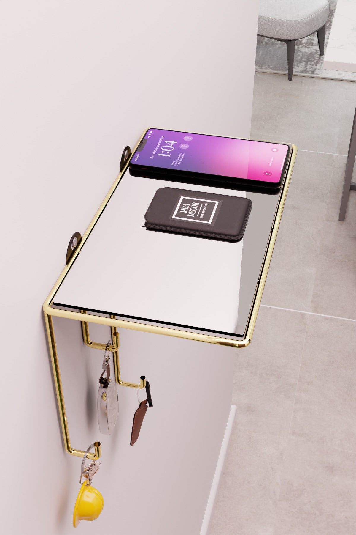 Gold Ayna Yüzeyli Duvar Rafı ve Anahtarlık Askılığı – Minimalist Metal Dekoratif Raf