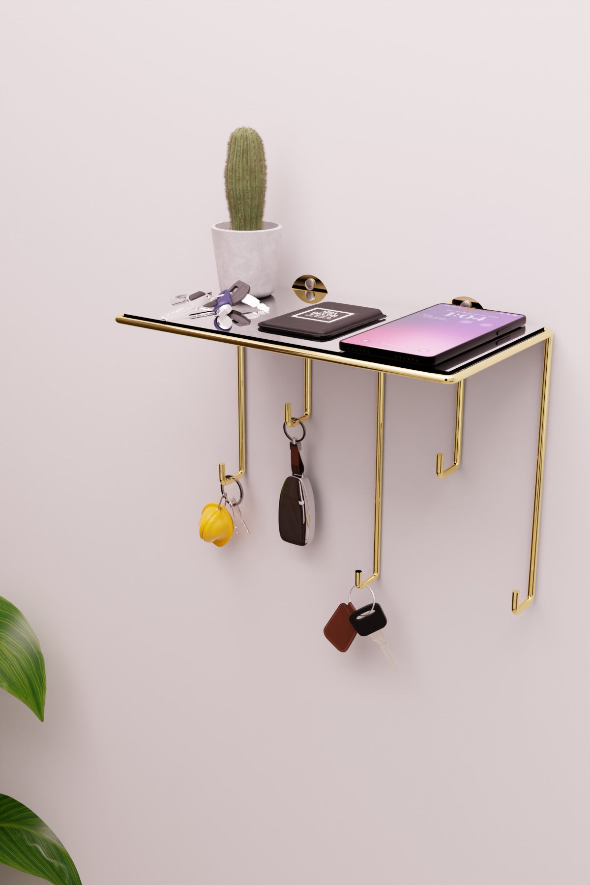 Gold Ayna Yüzeyli Duvar Rafı ve Anahtarlık Askılığı – Minimalist Metal Dekoratif Raf