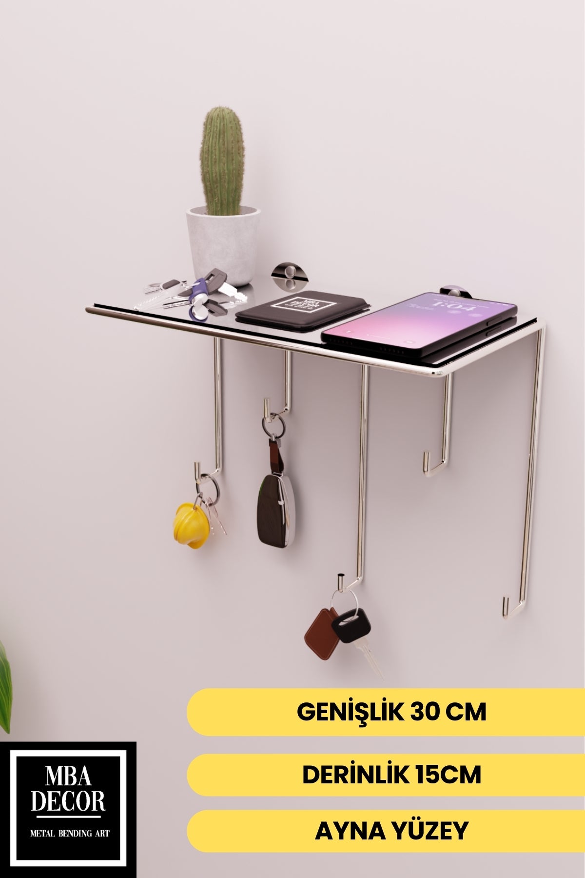 Gümüş Ayna Yüzeyli Duvar Rafı ve Anahtarlık Askılığı – Minimalist Metal Dekoratif Raf