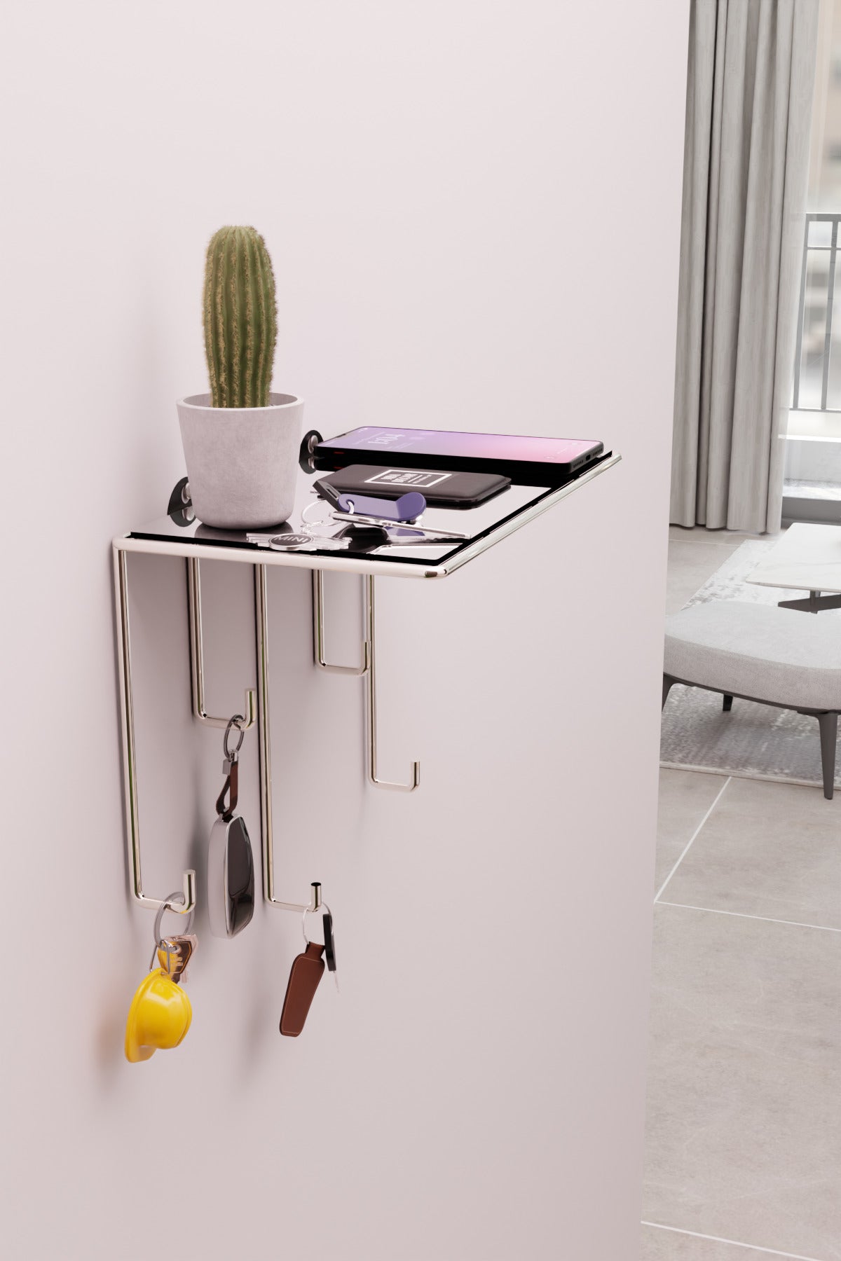 Gümüş Ayna Yüzeyli Duvar Rafı ve Anahtarlık Askılığı – Minimalist Metal Dekoratif Raf